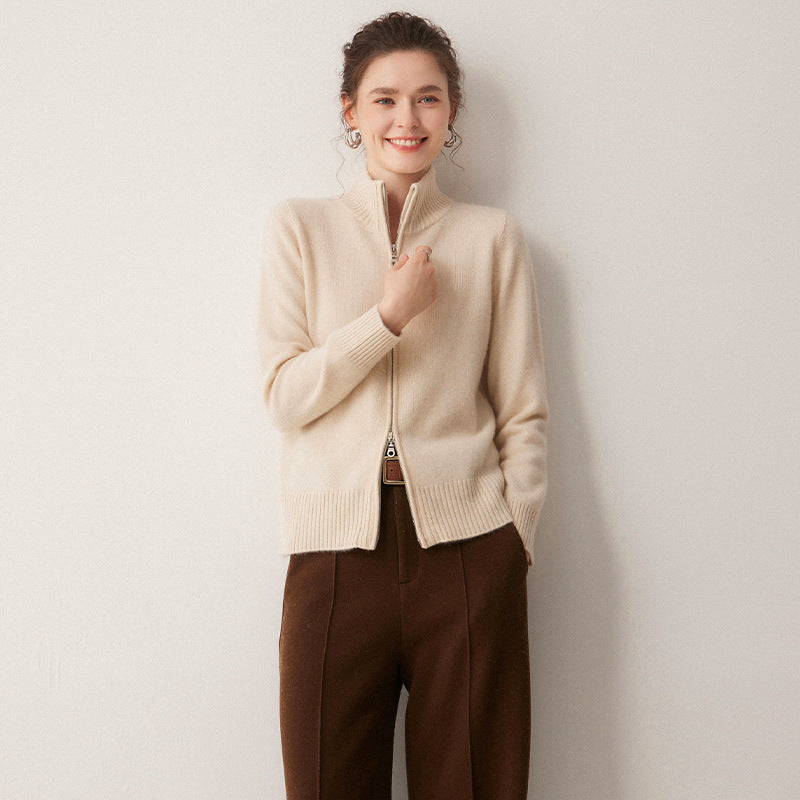 100% cashmere women's high-neck zipper knitted cardigan