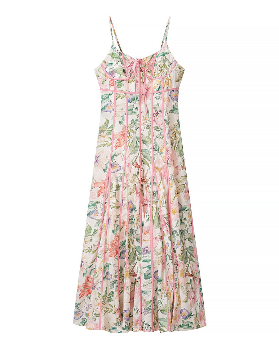 flower print long swing dress with seaming detail