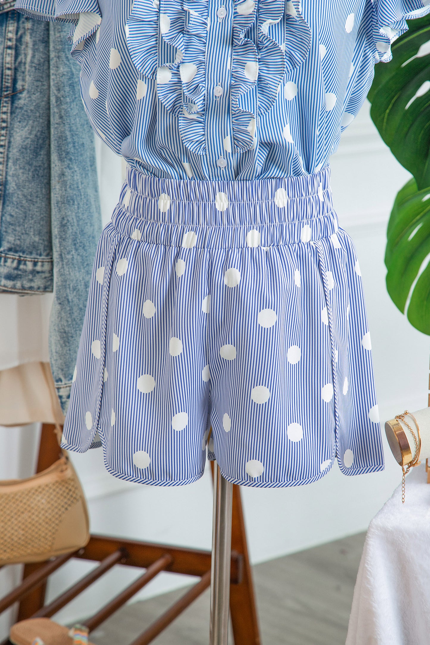 Apricot Polka Dot Print Shirred High Waist Casual Shorts