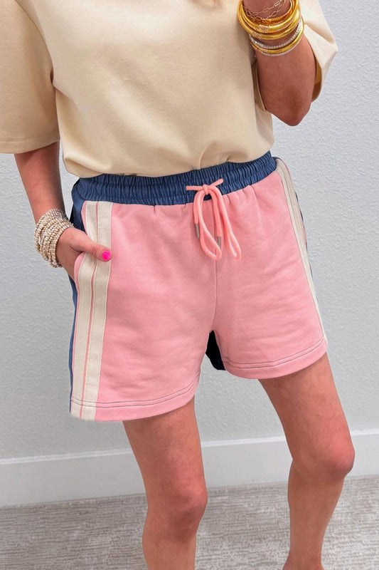 Pink Color Block Patchwork Varsity Striped Detail Drawstring Elastic Waist Shorts