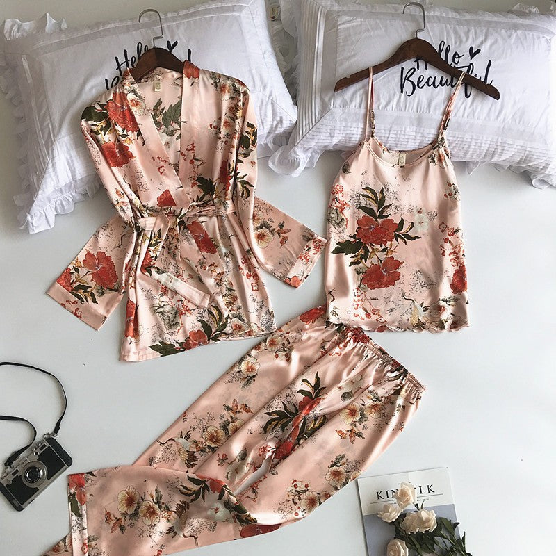 3 piece satin pajamas. includes pant, cami and robe