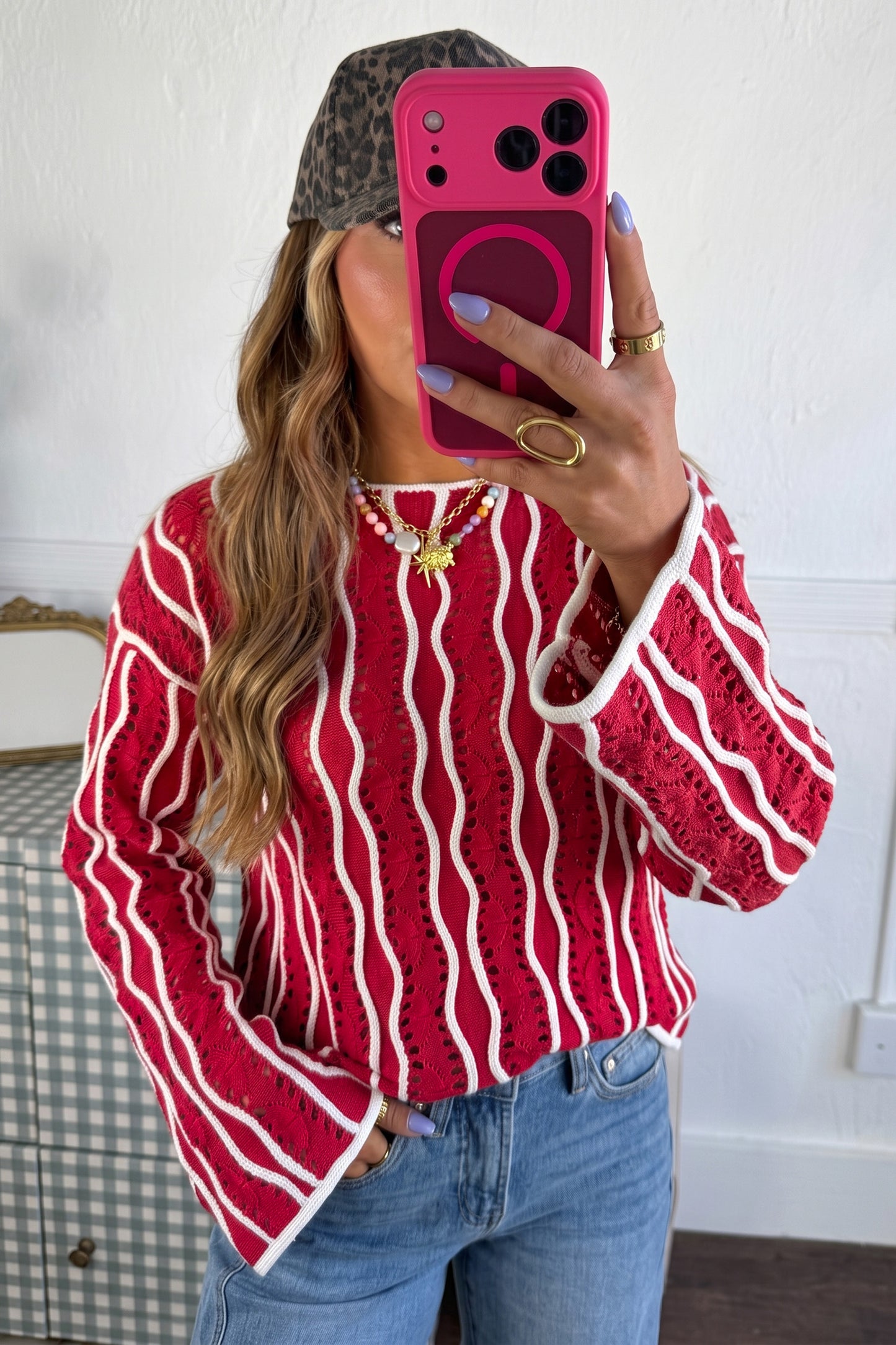 Khaki Wavy Detail Hollow Out Knit Long Sleeve Cotton Pullover Sweater