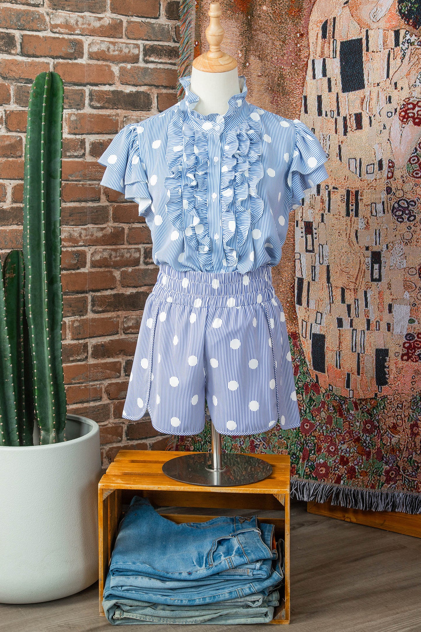 Apricot Polka Dot Print Shirred High Waist Casual Shorts