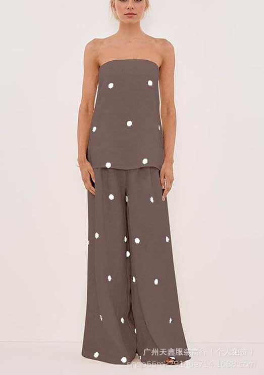 Women's style casual polka dot strapless tank top + high-waisted wide-leg pants