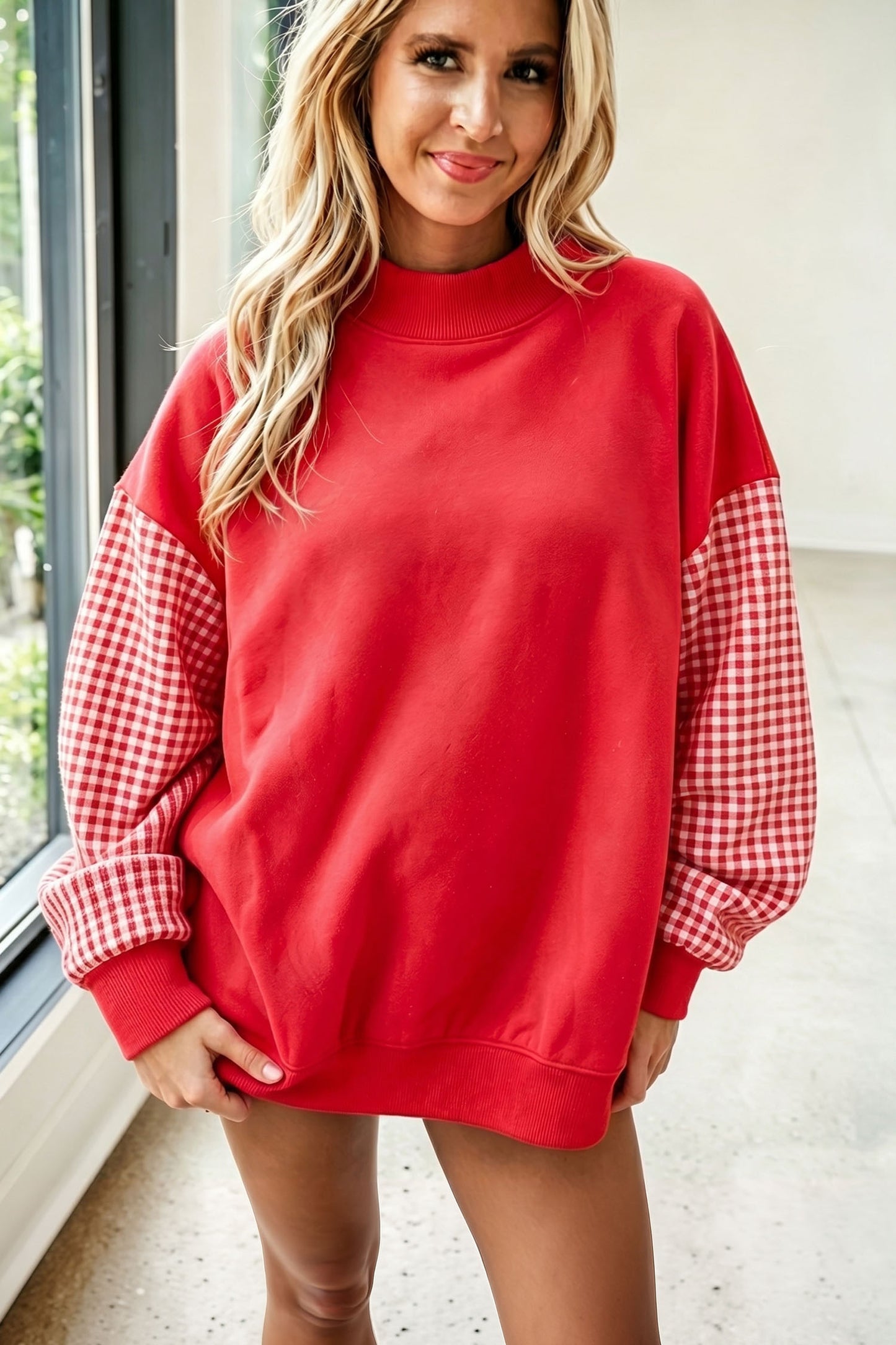 Russet Orange Plaid Sleeve Colorblock Loose Tunic Sweatshirt