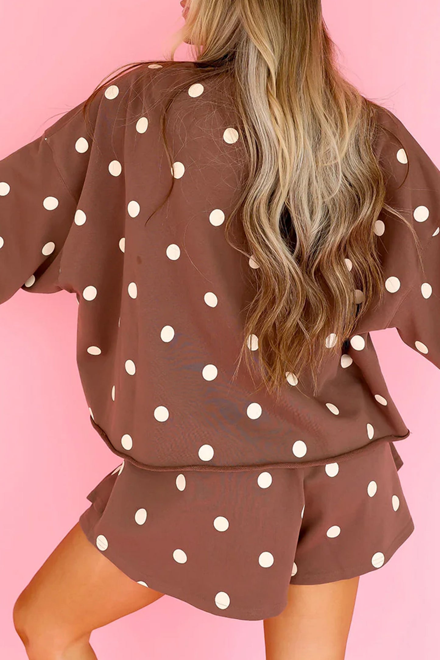 Brown Polka Dot Raw Hem Relaxed Pullover Loose Skort Two Piece Set