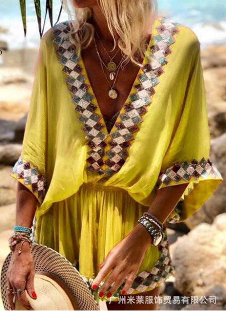 short-sleeved Bohemian tunic dress