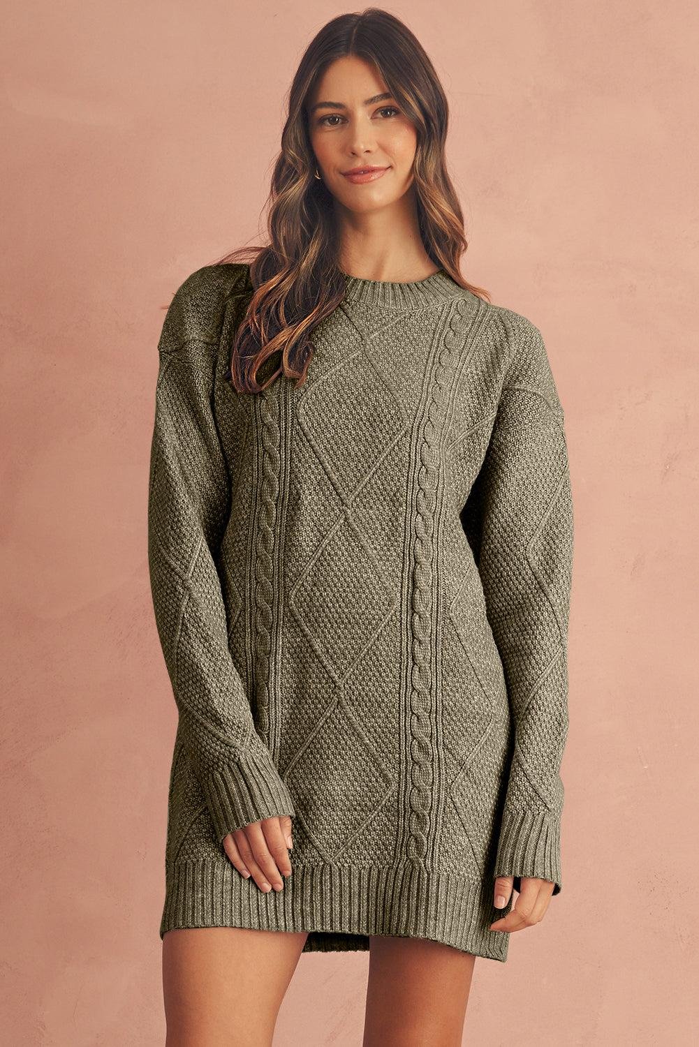 Burgundy Cable Knit Drop Shoulder Loose Fit Sweater Dress