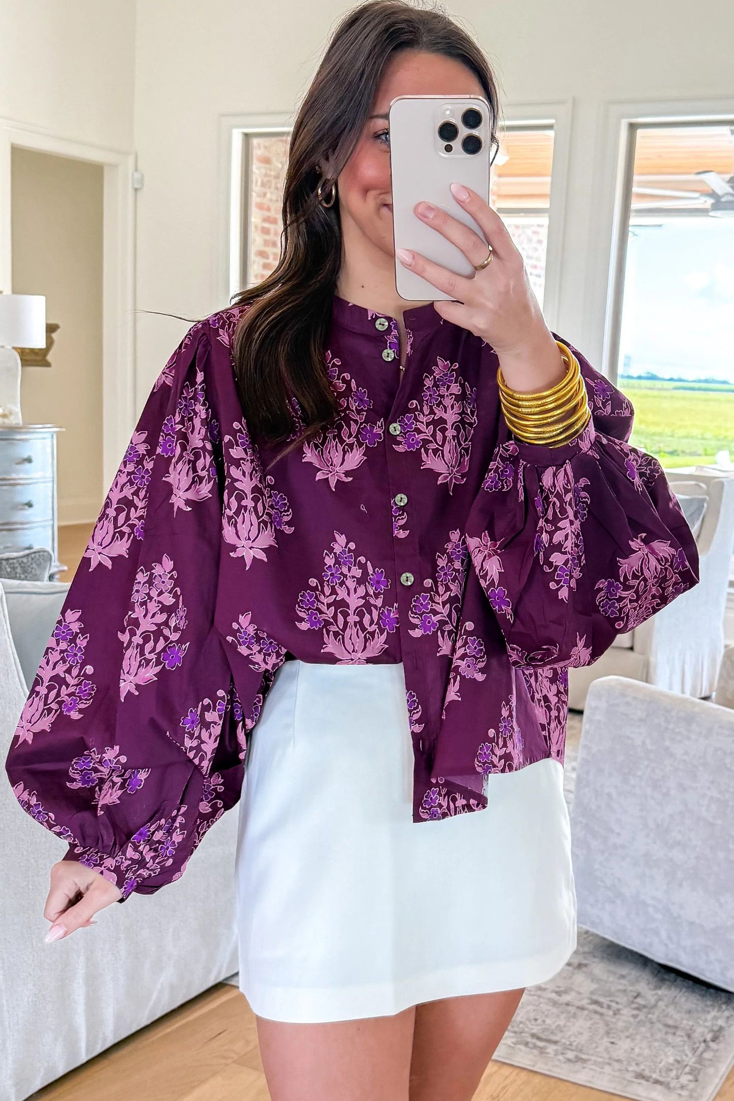 Purple Floral Print Button-Up Long Sleeve Regular Fit Shift Blouse