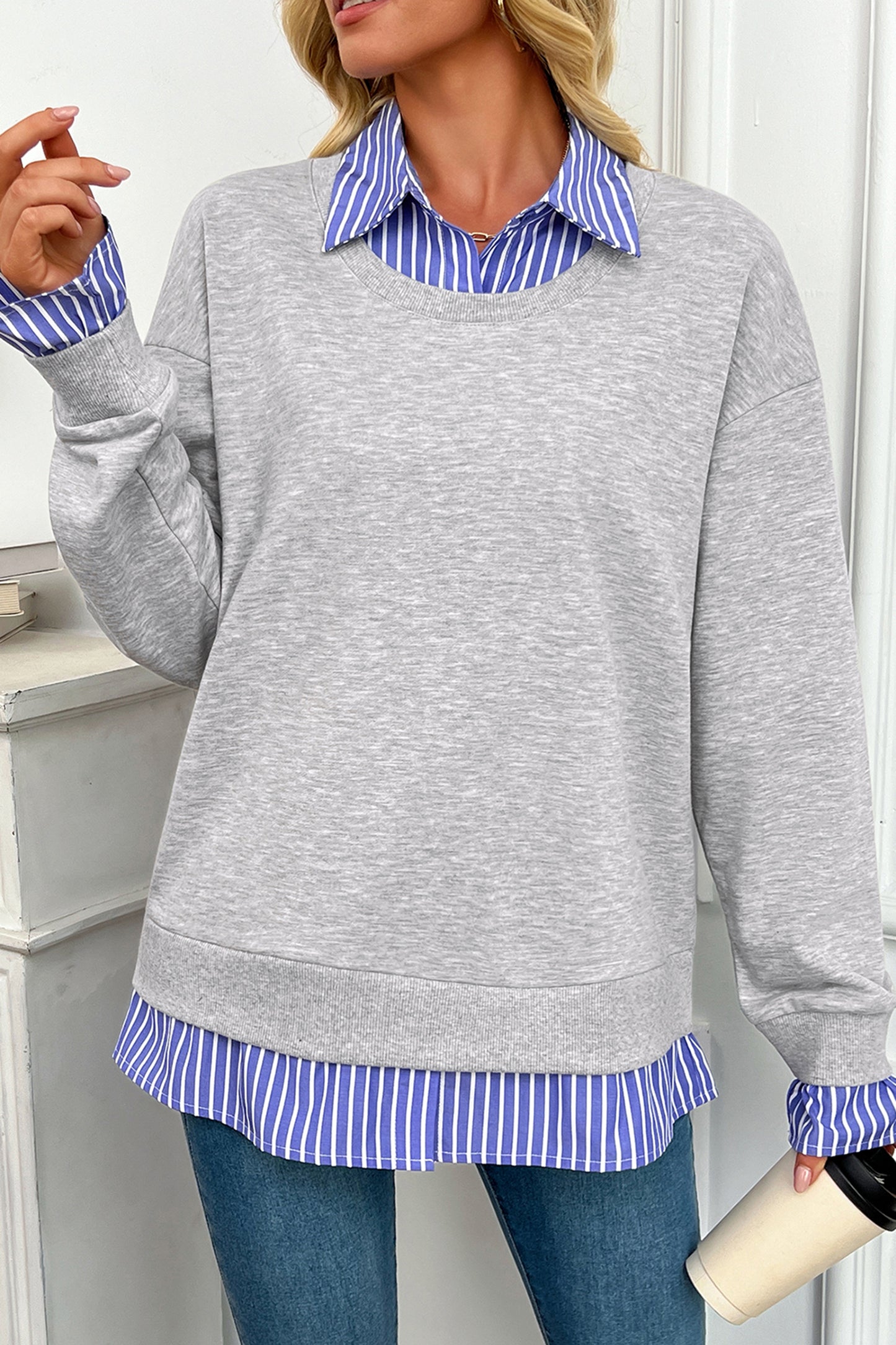 Light Grey Striped Collar Faux Two Piece Patchwork Casual Loose Sweatshirt