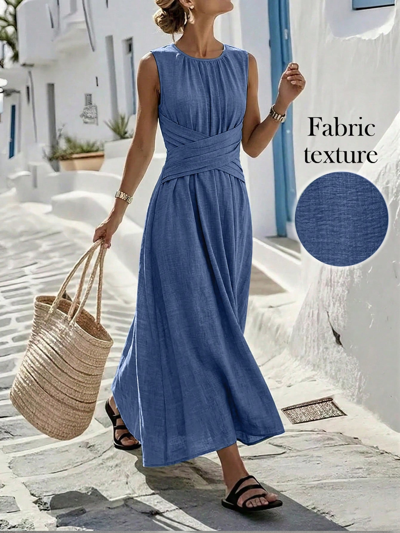 sleeveless waist-cinching long dress