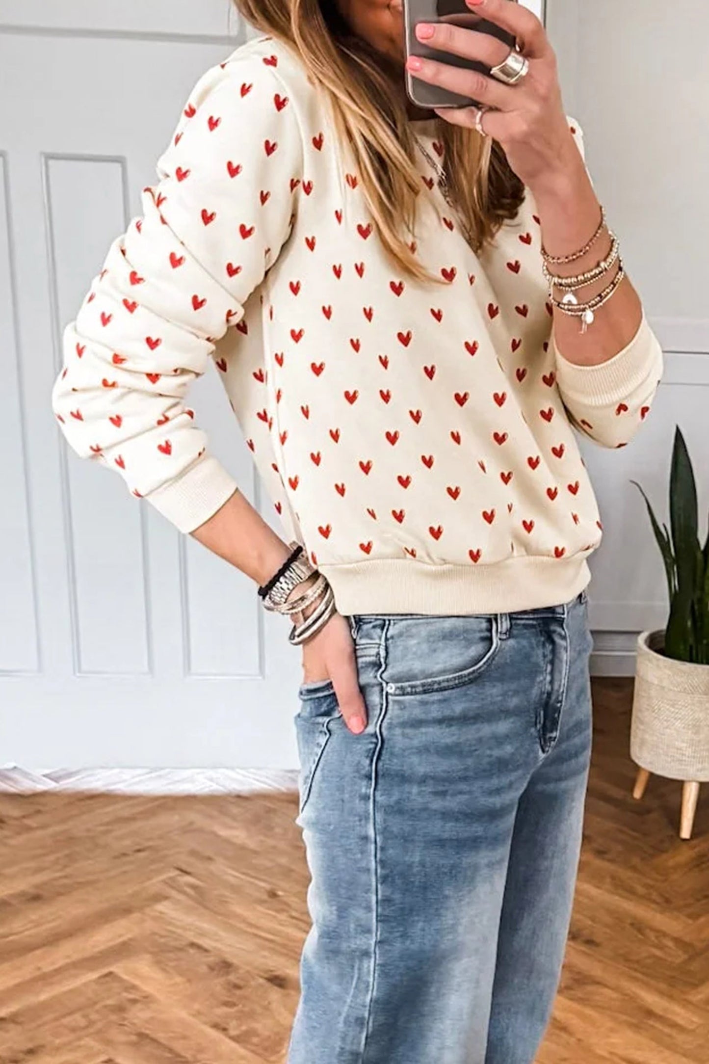 Beige Heart Print Ribbed Trim Casual Sweatshirt