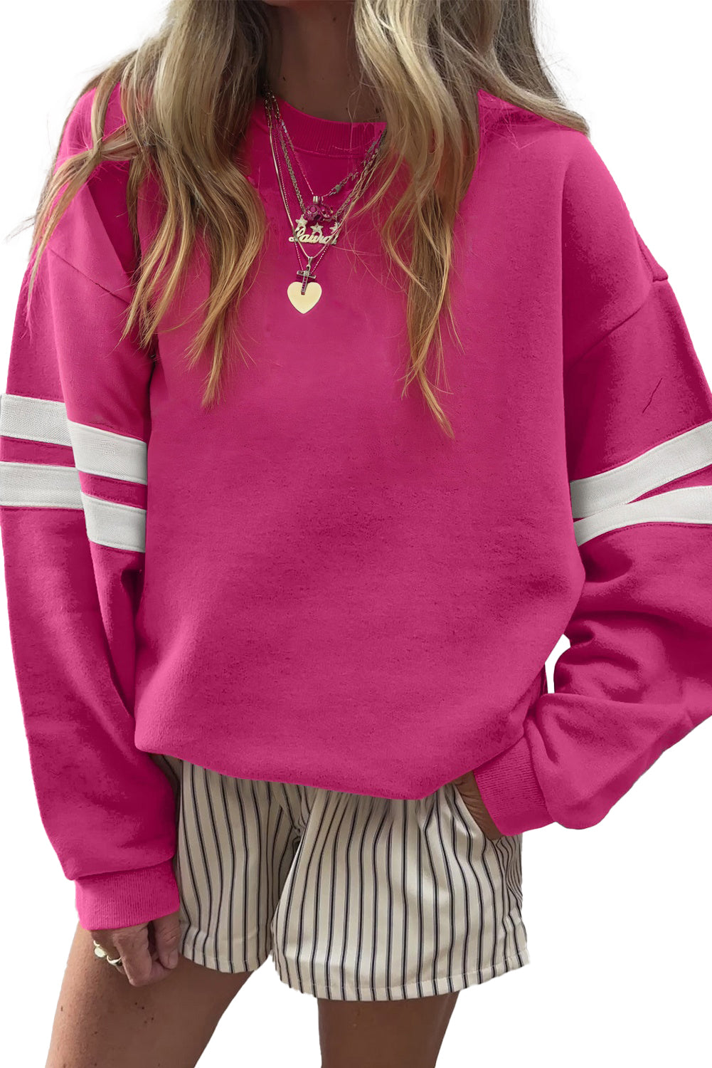 Navy Blue Preppy Striped Sleeve Loose Sweatshirt