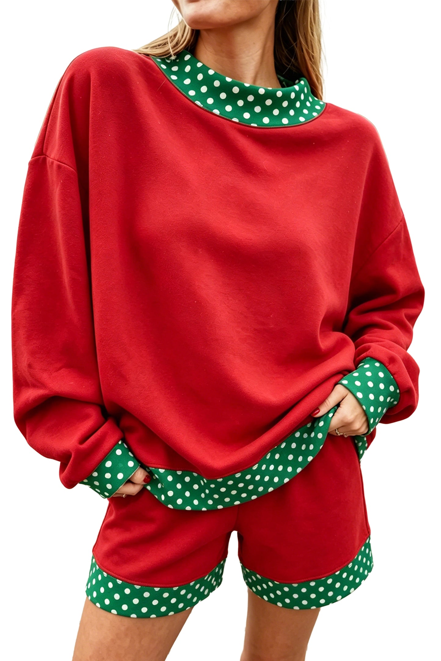 Fiery Red Gingham Trim Baggy Pullover 2pcs Short Set