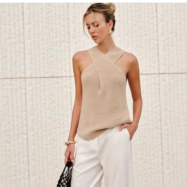 Elegant cross-neck halter, sleeveless knitted sweater tank top