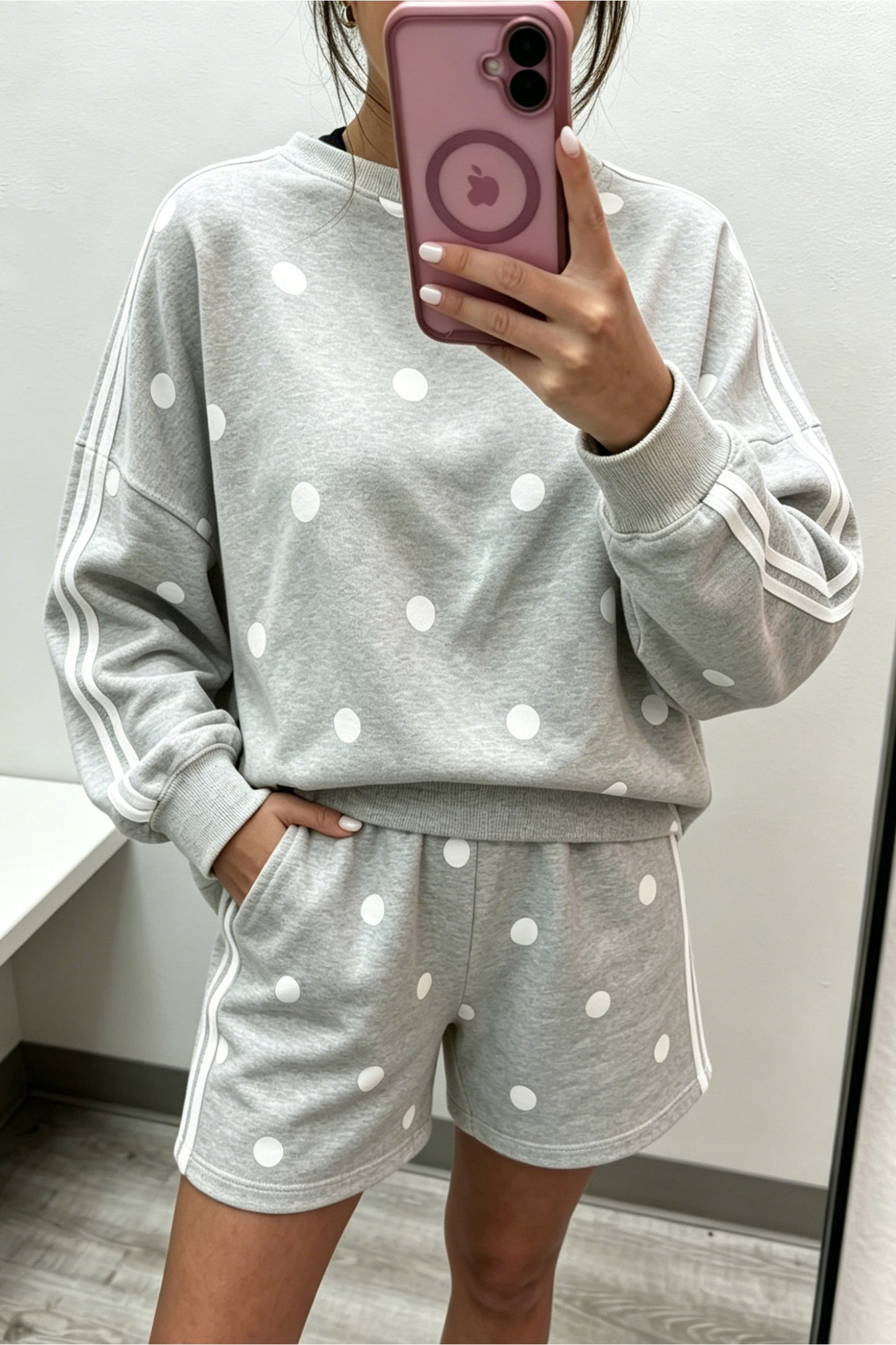 Gray Polka Dot Print Varsity Striped Detail Long Sleeve Top Short Set