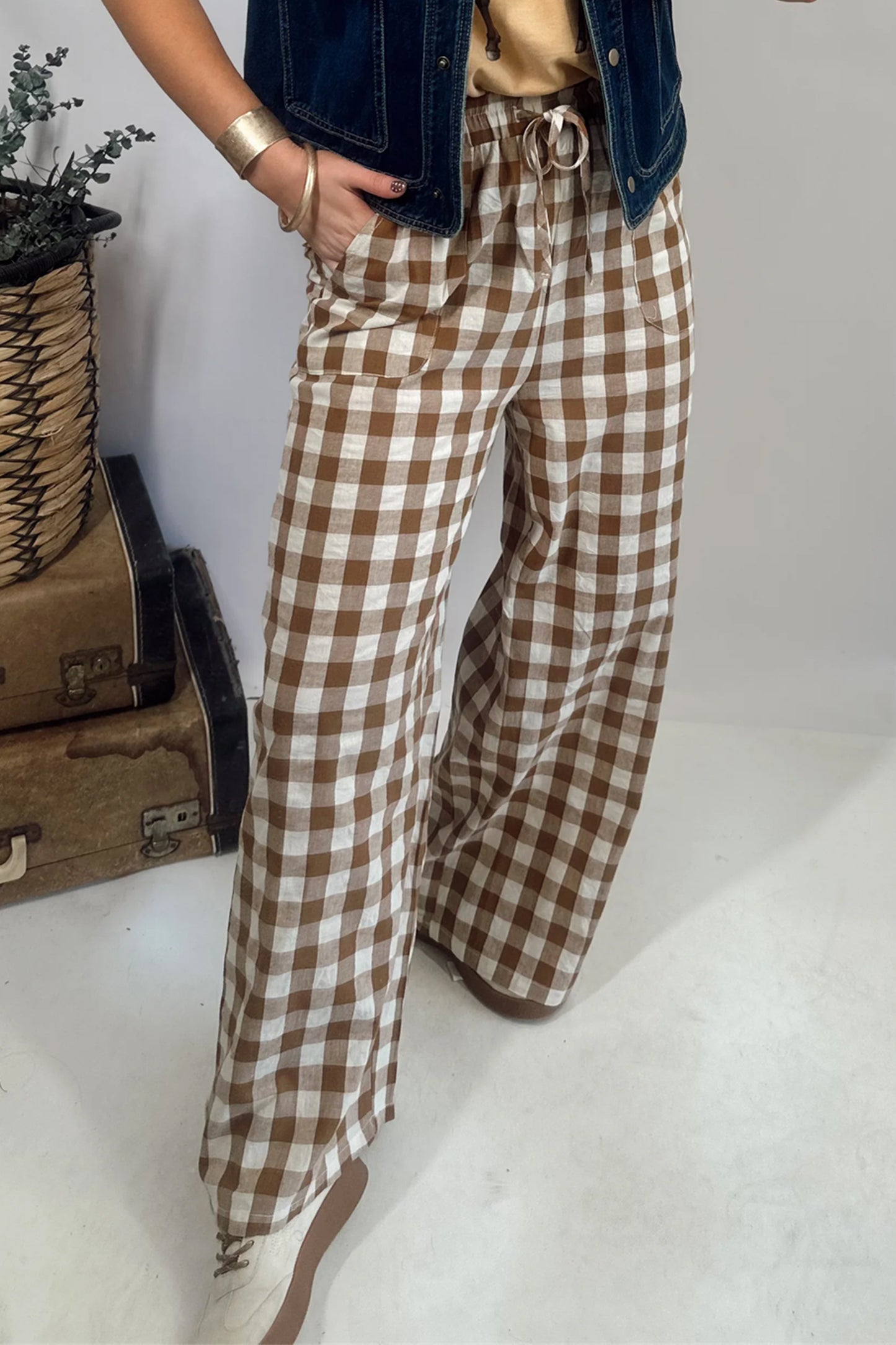 Brown Gingham Plaid Tie Elastic Waist Shift Pants