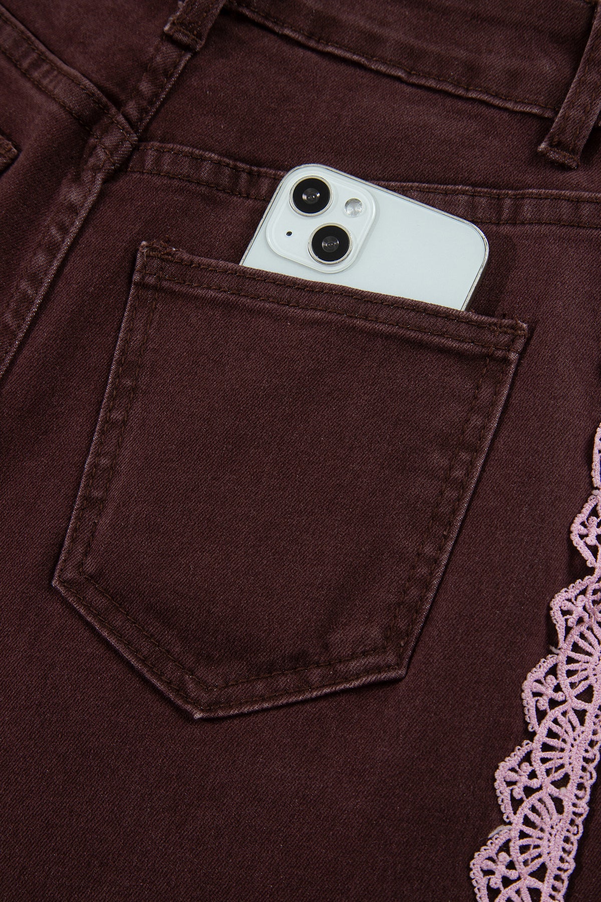 Coffee Lace Trim Casual Full-Length Regular Fit Jeans