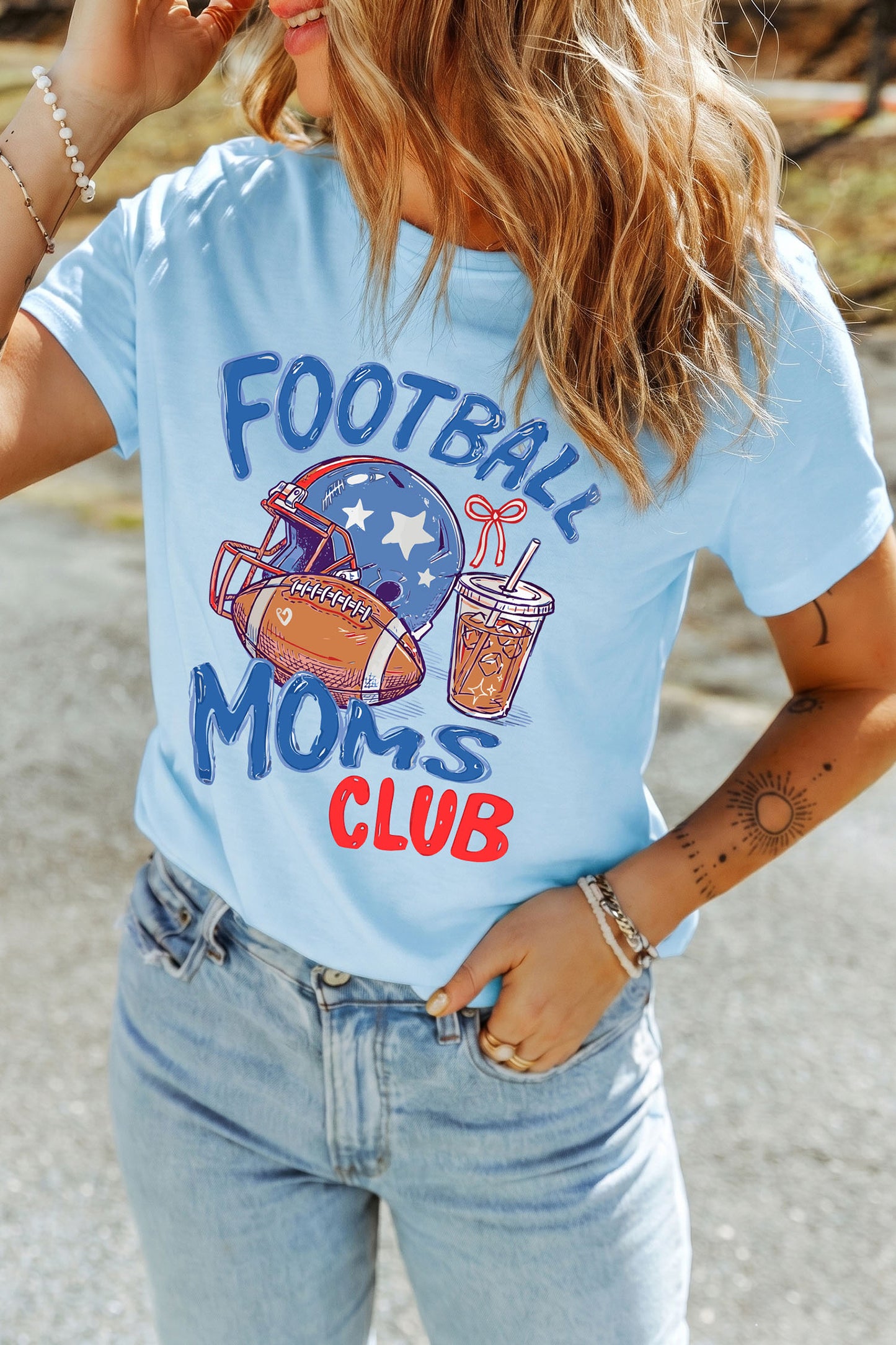 Light Blue FOOTBALL MOMS CLUB Game Day Graphic T Shirt