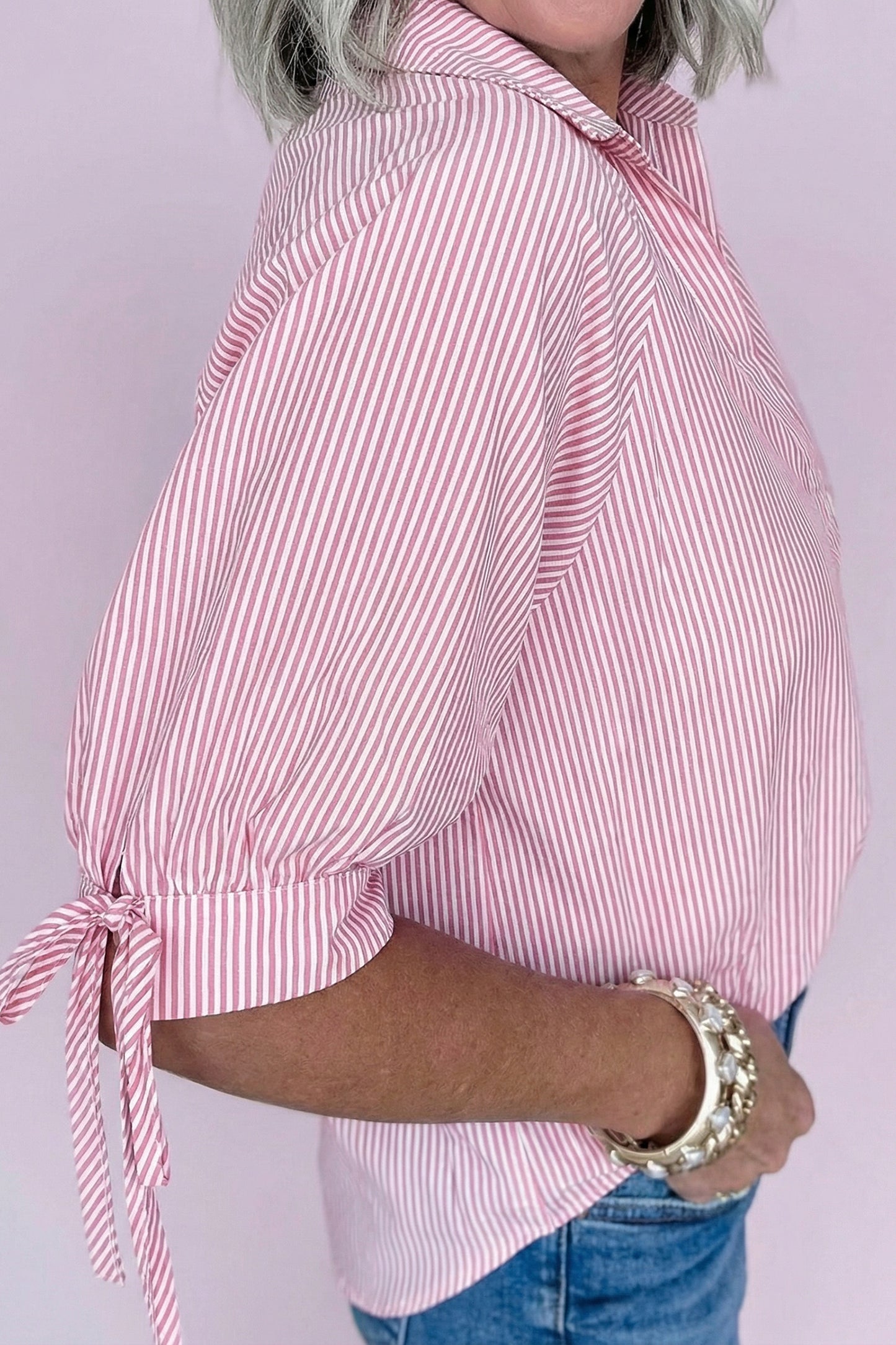 Pink Striped Print Collared Split Neck Half Sleeve Blouse