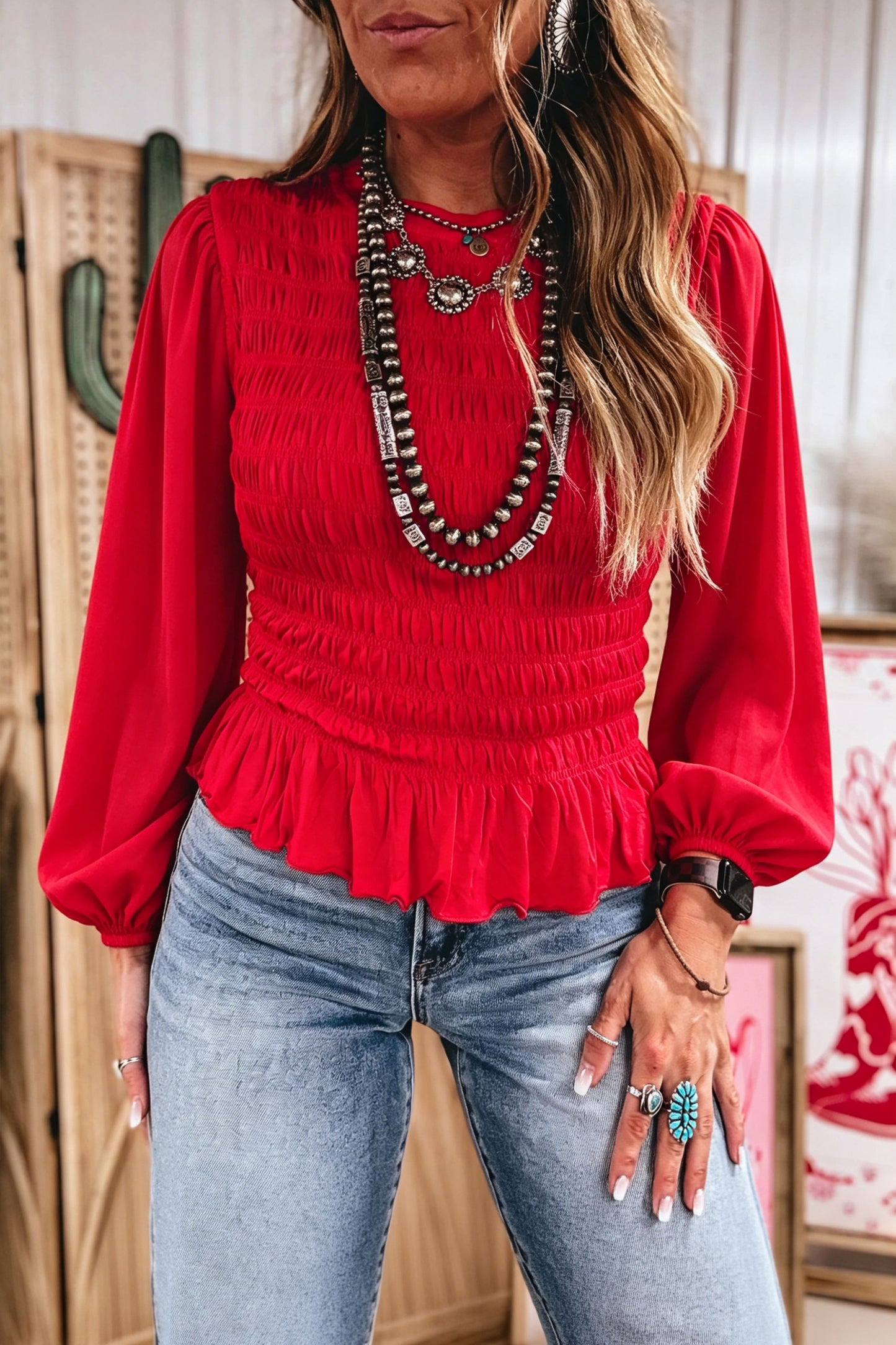 Racing Red Solid Color Smocked Ruffle Hem Long Sleeve Blouse