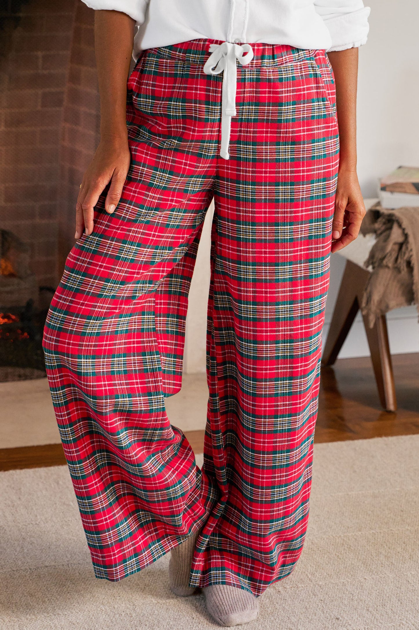Red Casual Plaid Tie Waist Casual Wide Leg Pants
