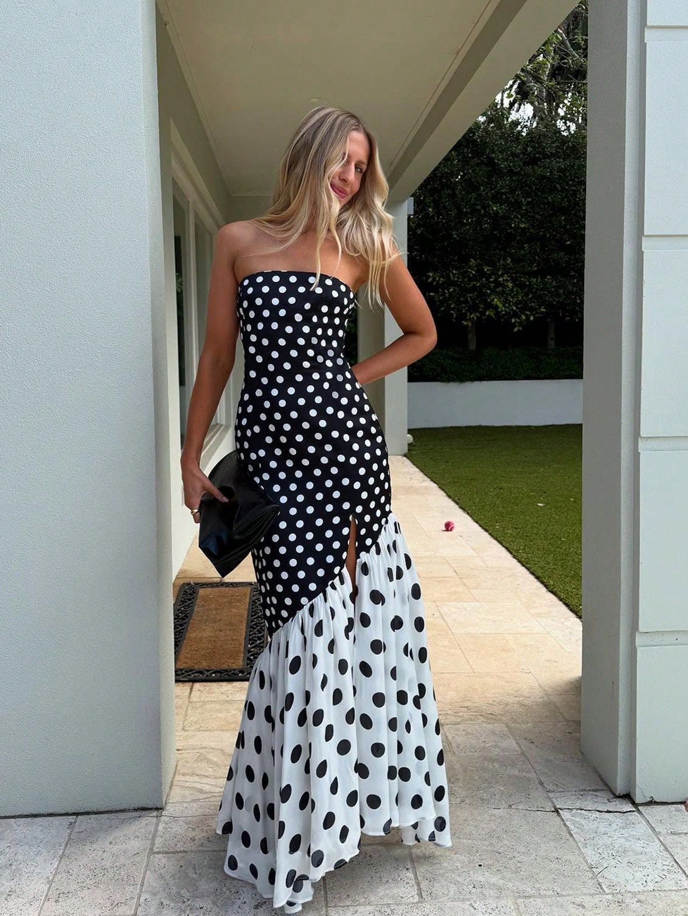 Strapless polka dot strapless dress with slit