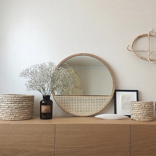 Solid wood rattan woven round mirror
