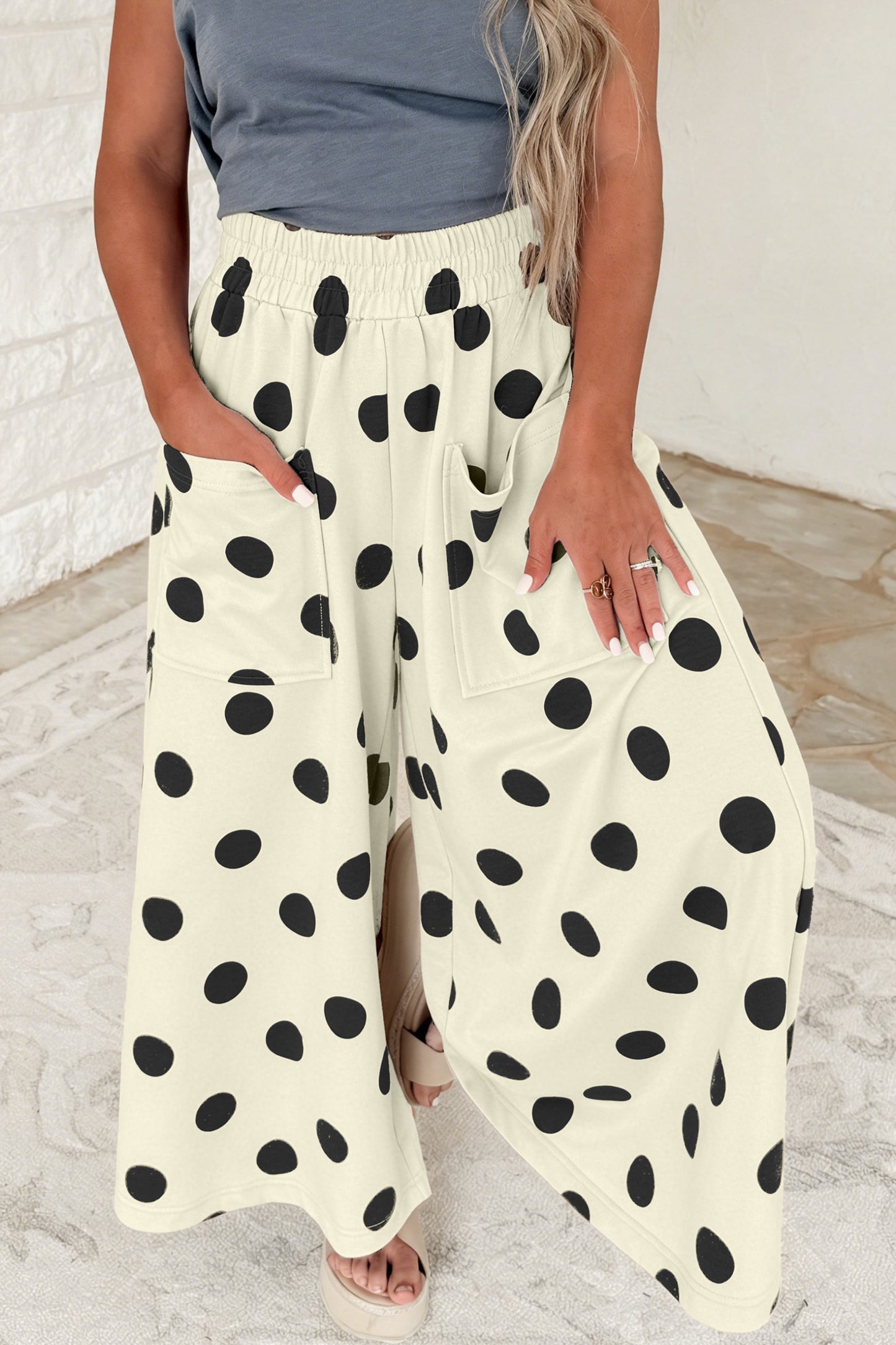 Sky Blue Polka Dot Wide Leg Elastic Waist Casual Pants