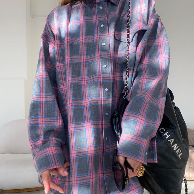 Loose fit plaid button down shirt
