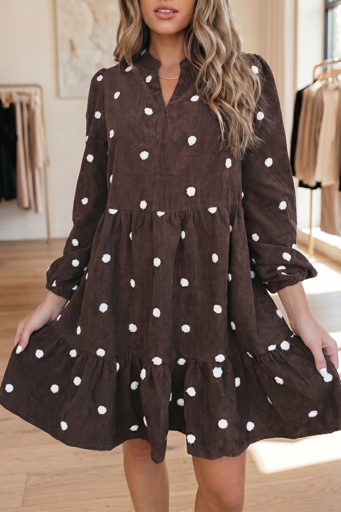 Chicory Coffee  Corduroy Polka-Dot Dress