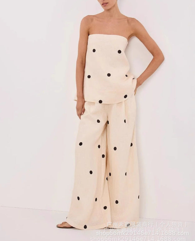 Women's style casual polka dot strapless tank top + high-waisted wide-leg pants