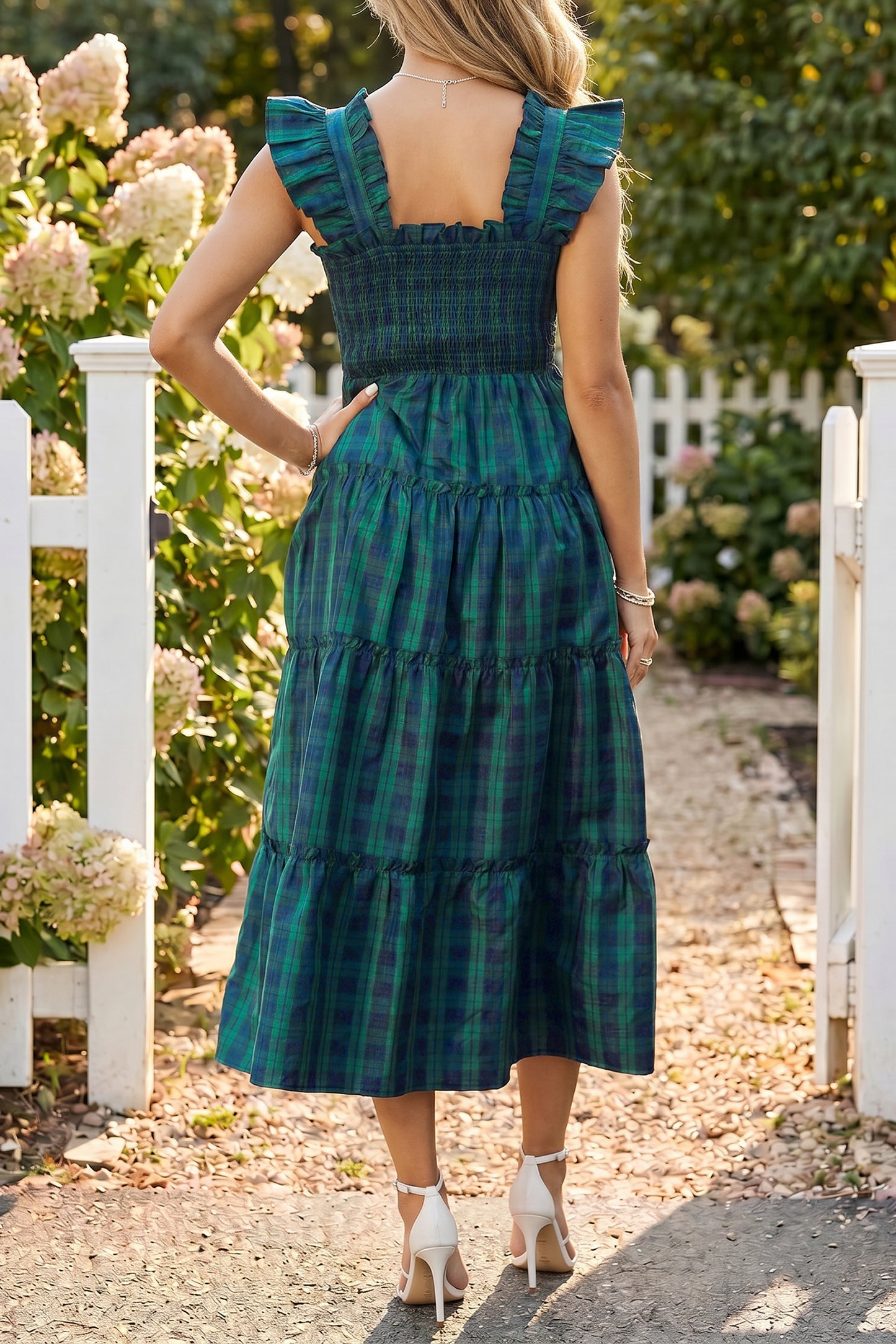 Green Sleeveless Square Neck Plaid Midi Dress with Ruffles and Shirred Bodice
