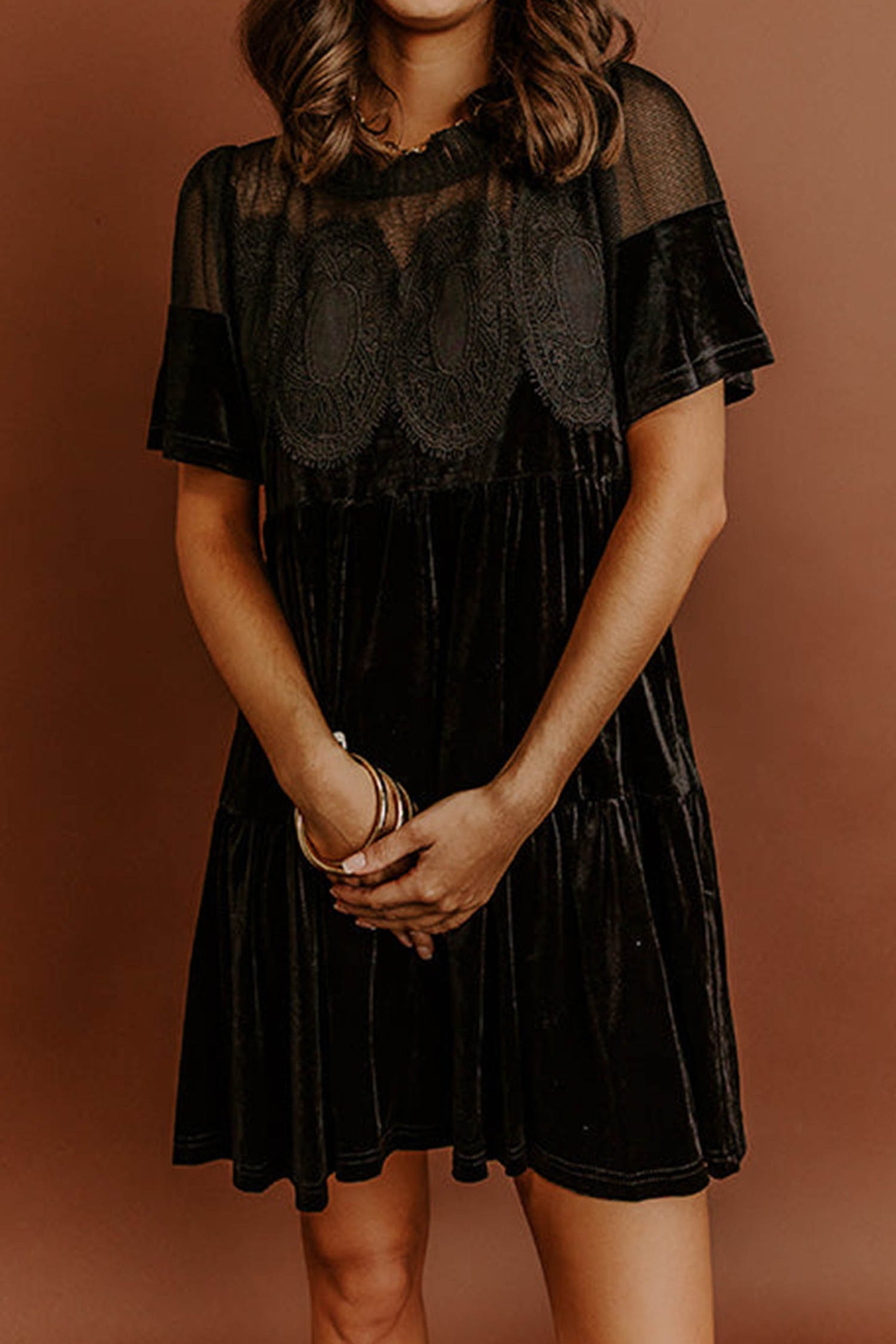 Black Embroidered Velvet Short Sleeve Mini Shift Dress