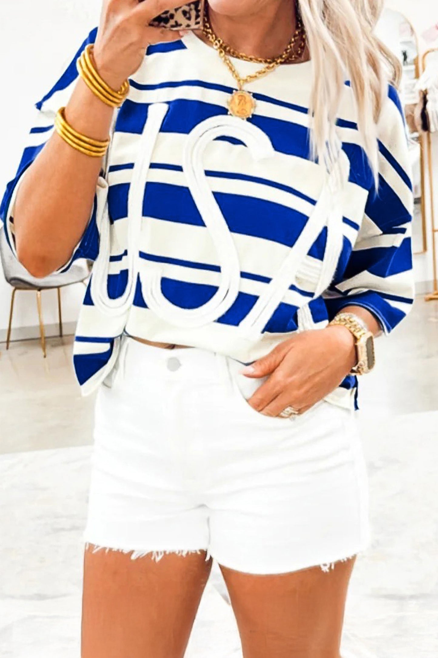 Blue Stripe USA Graphic Drop Shoulder Half Sleeve Loose T Shirt