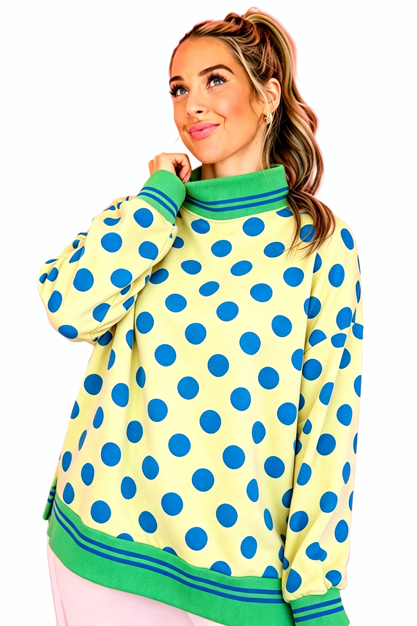 Pink Polka Dot Striped Trim Mock Neck Sweatshirt