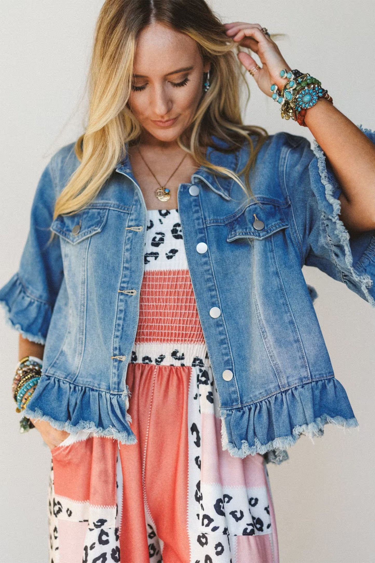Blue Ruffle Hem Denim Jacket Half Sleeve Western Style