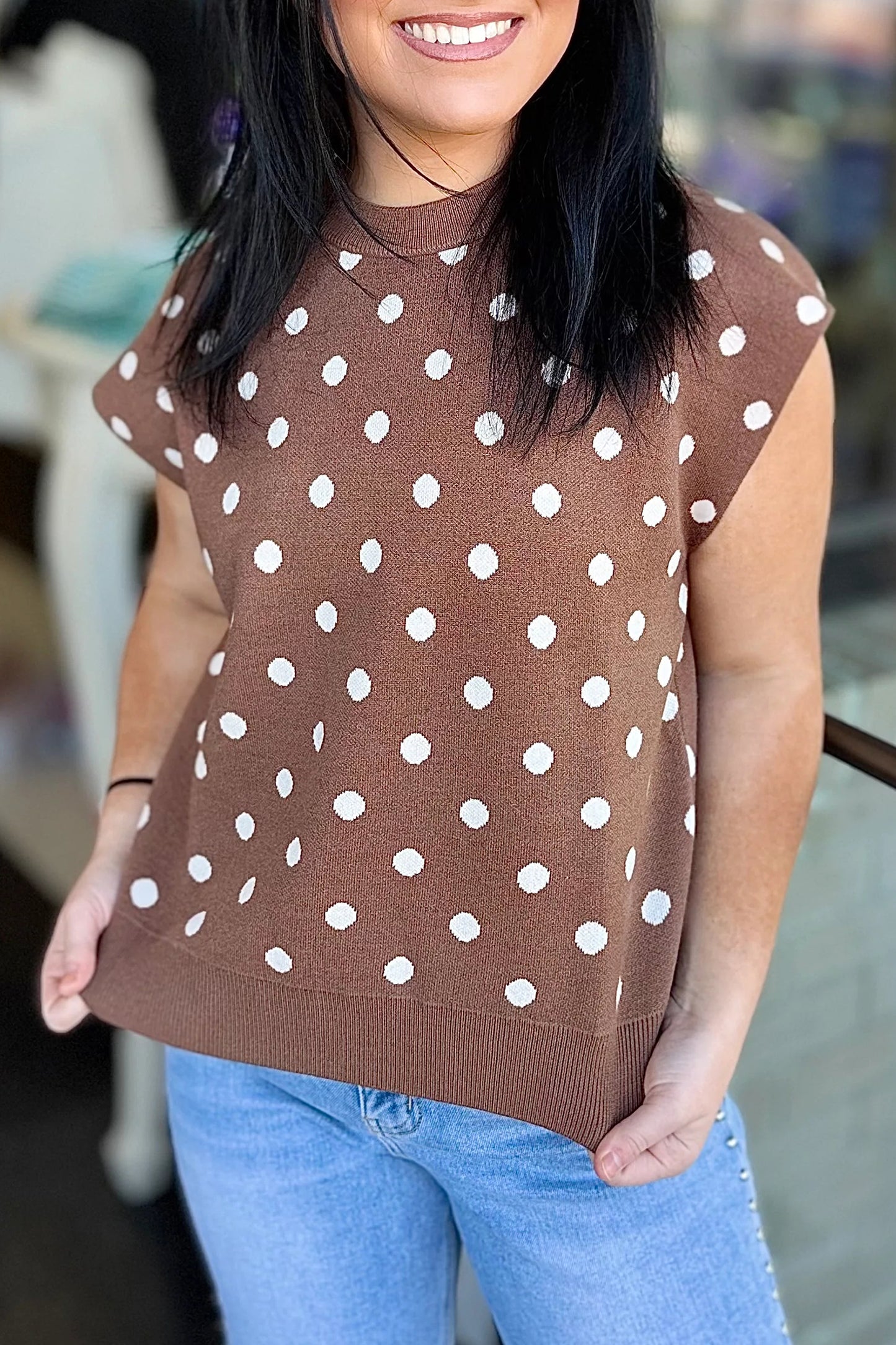 Brown Polka Dot Short Sleeve Round Neck Casual Shift Sweater