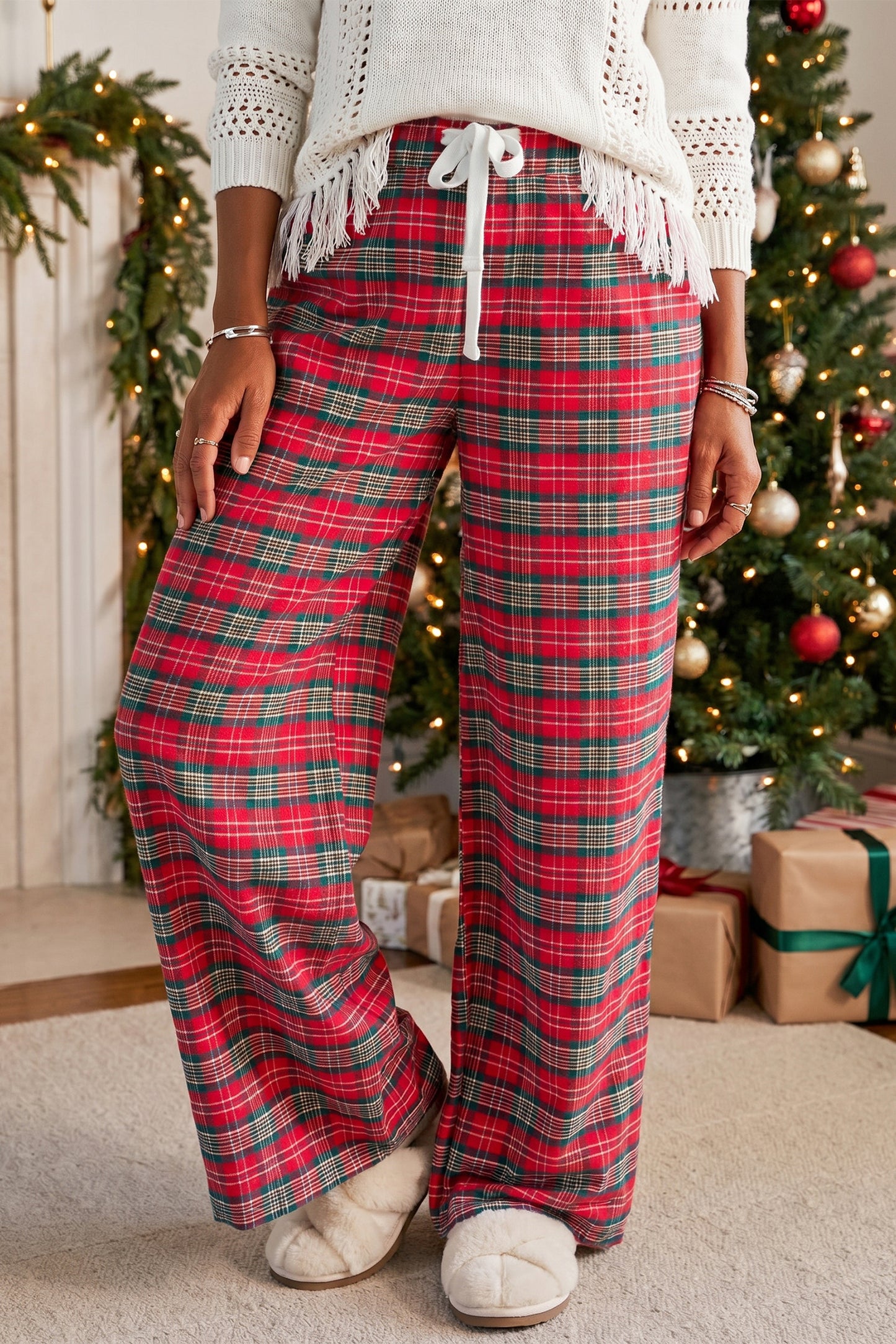 Red Casual Plaid Tie Waist Casual Wide Leg Pants