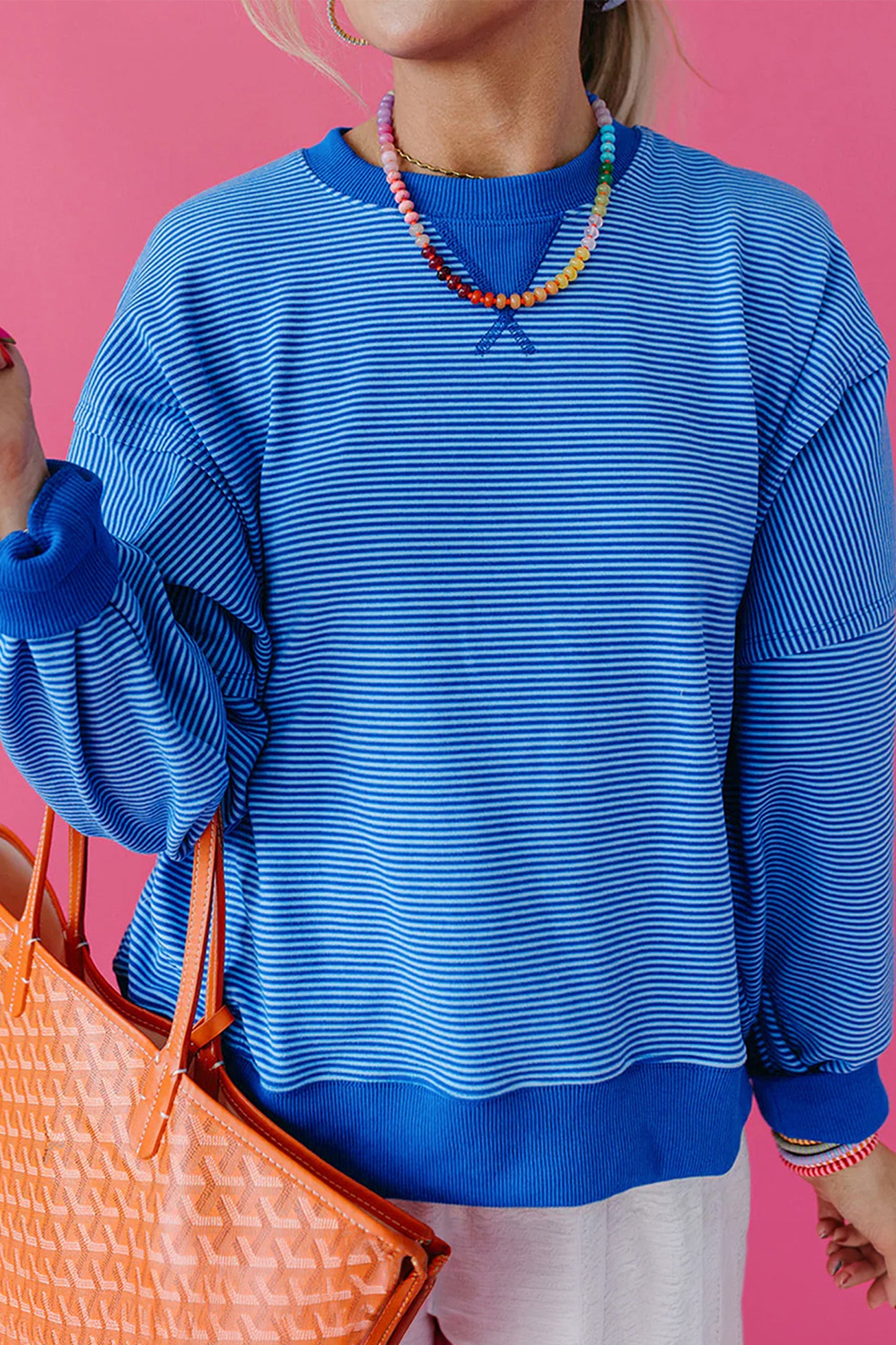 Blue Stripe Ribbed Cuffs Hem Long Sleeve Pullover Top