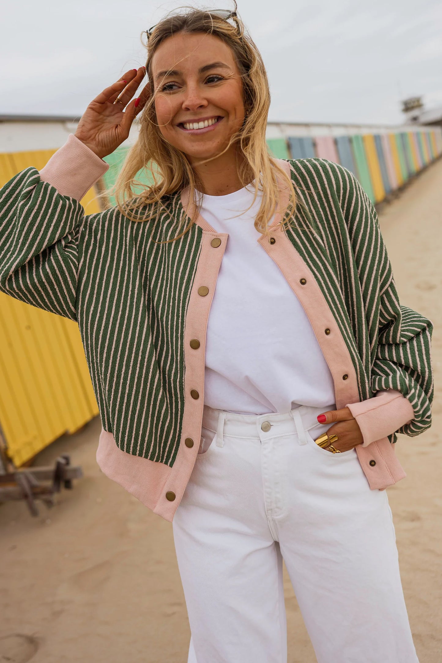Green Stripe Striped V Neck Patchwork Long Sleeve Regular Fit Cardigan