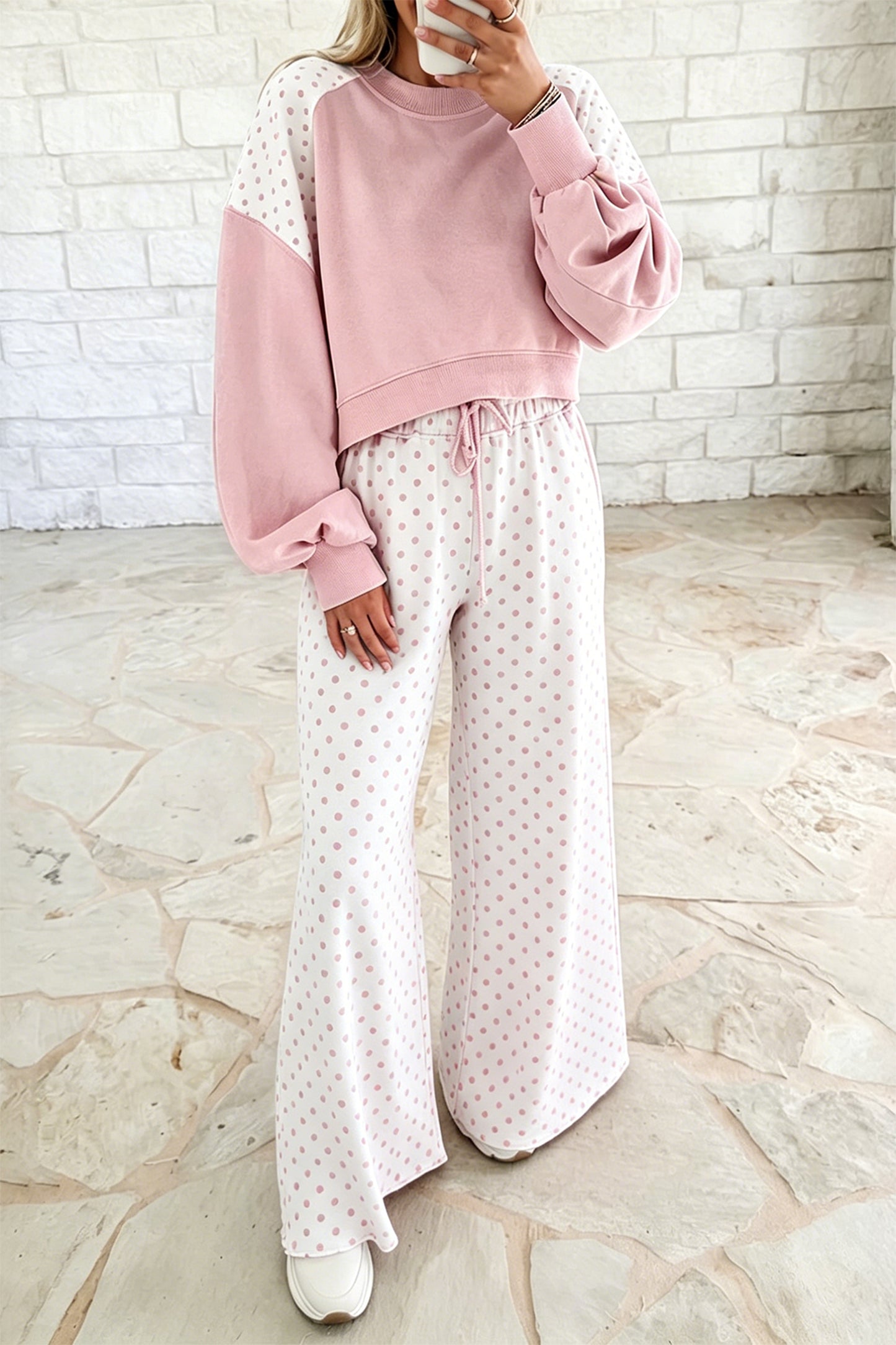 Green Polka Dot Patchwork Colorblock Long Sleeve Casual Two Piece Pants Set