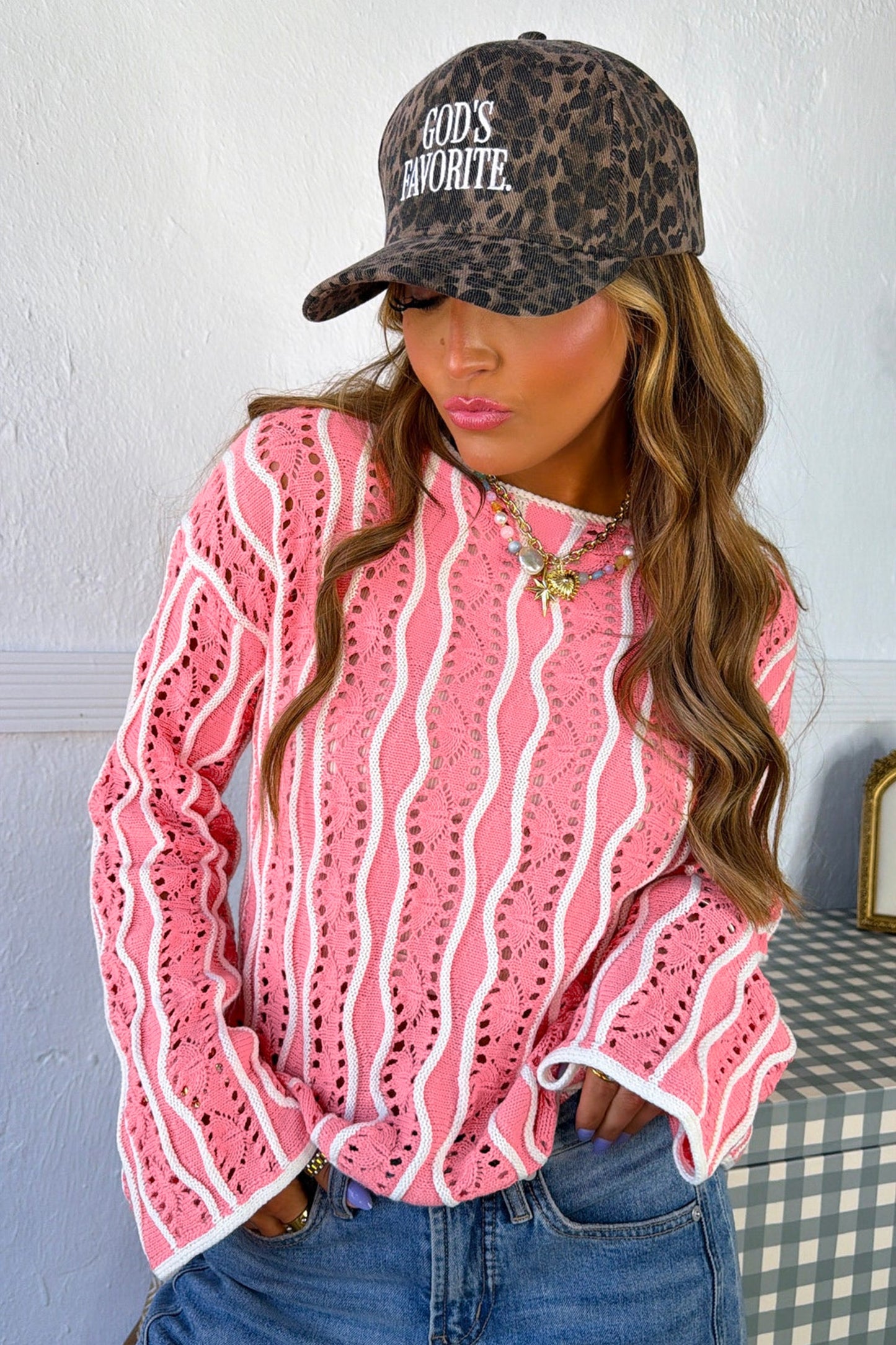 Khaki Wavy Detail Hollow Out Knit Long Sleeve Cotton Pullover Sweater