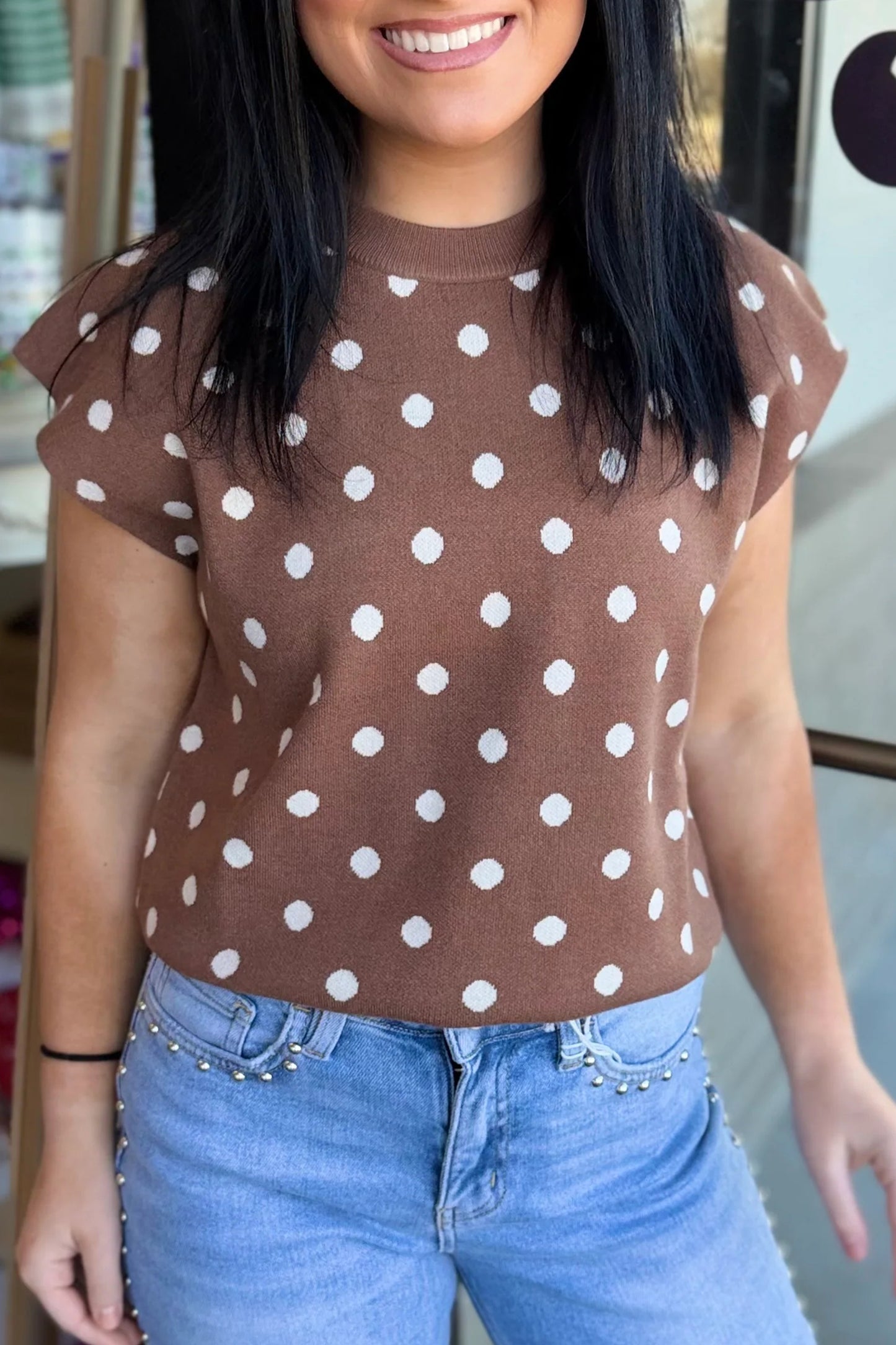 Brown Polka Dot Short Sleeve Round Neck Casual Shift Sweater