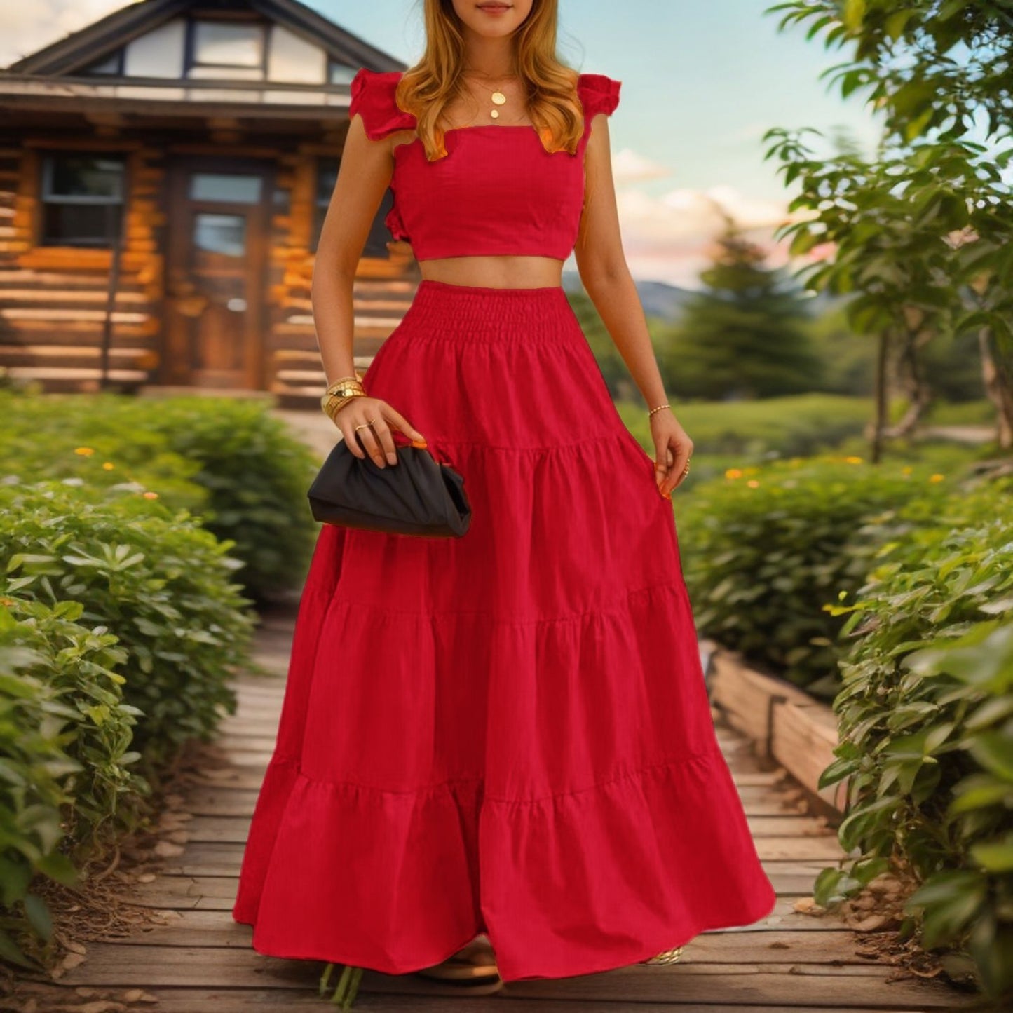 Casual long skirt, halter top two-piece set