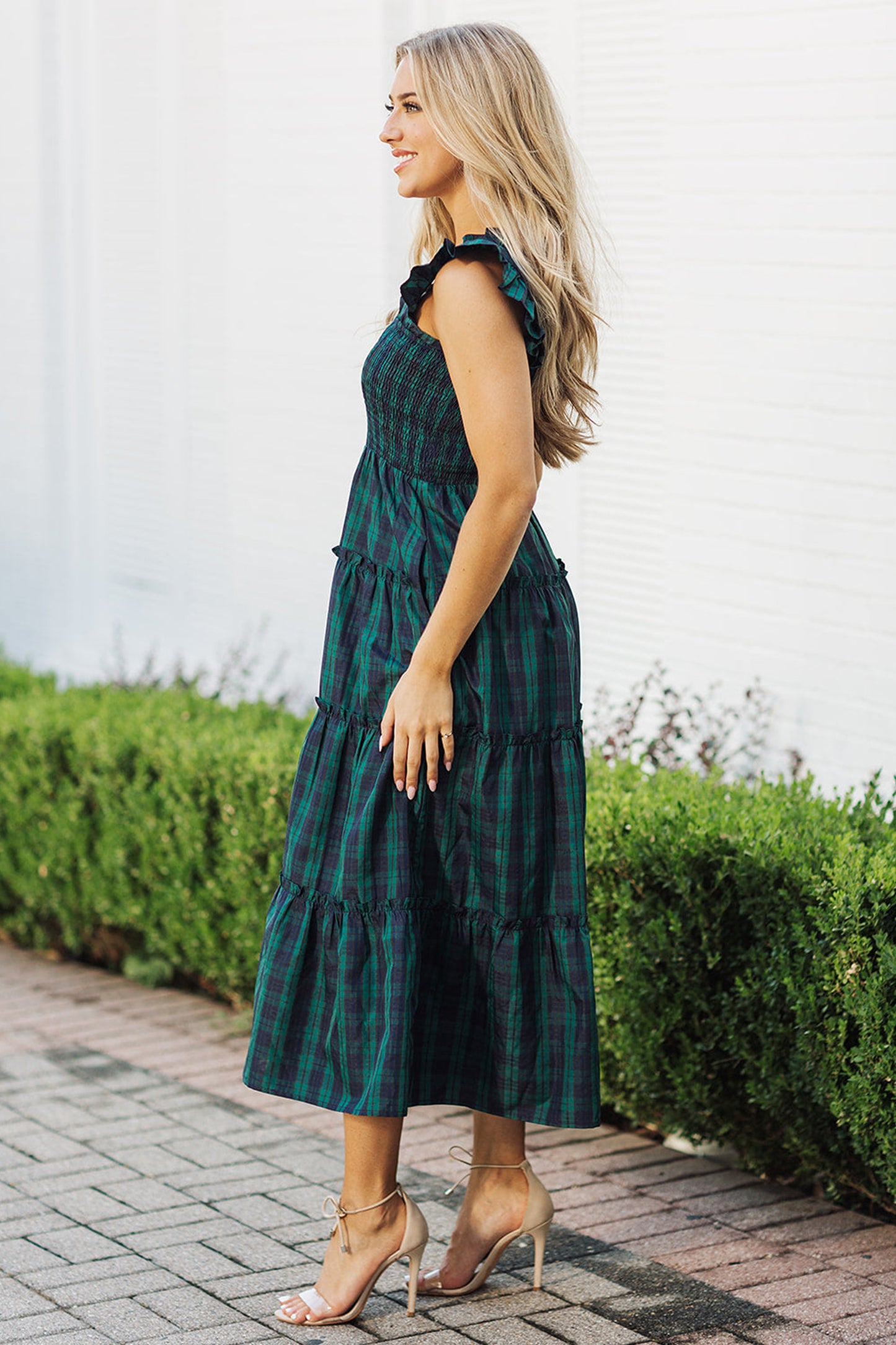 Green Sleeveless Square Neck Plaid Midi Dress with Ruffles and Shirred Bodice
