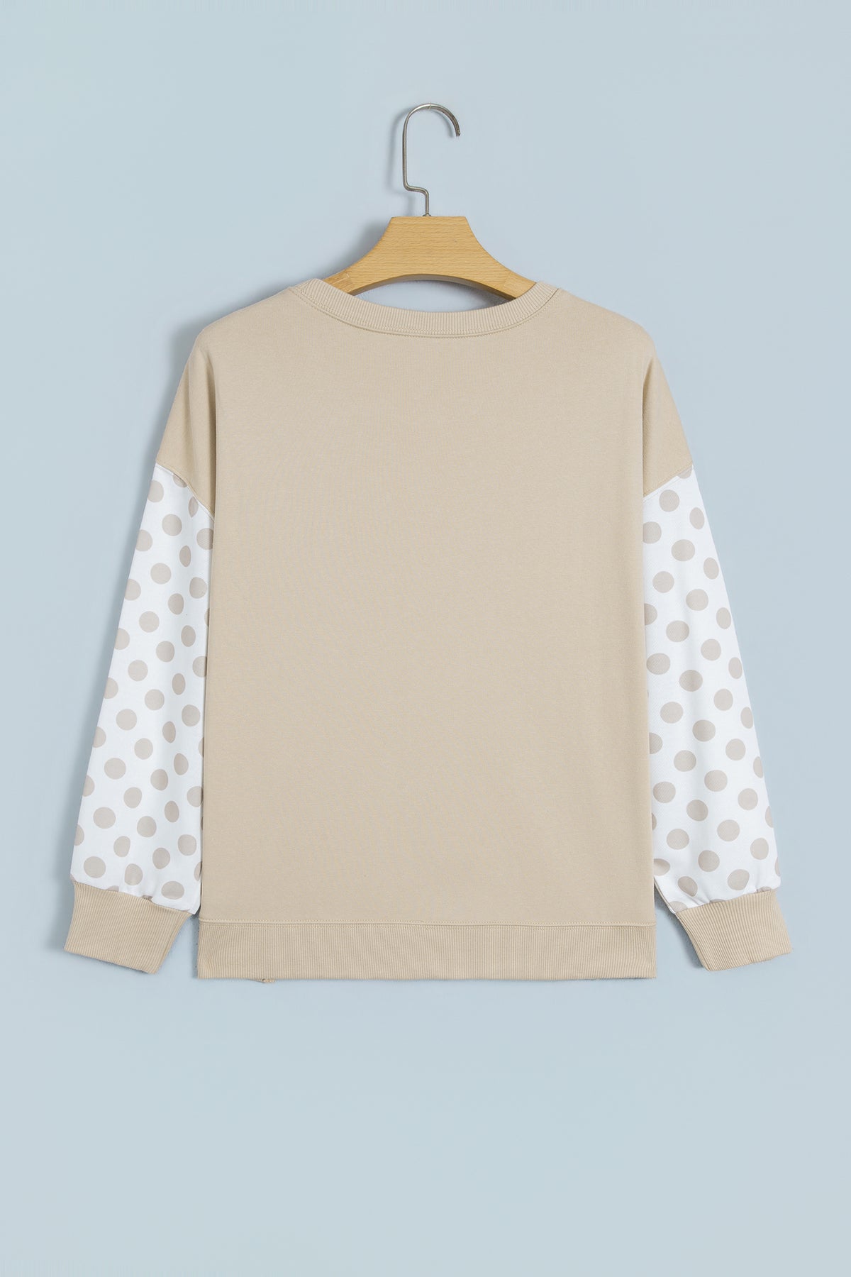 Sky Blue Polka Dot Patchwork Sleeve Crew Neck Loose Pullover Sweatshirt
