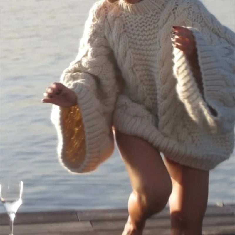 Round-neck flared sleeve cable knit sweater for women