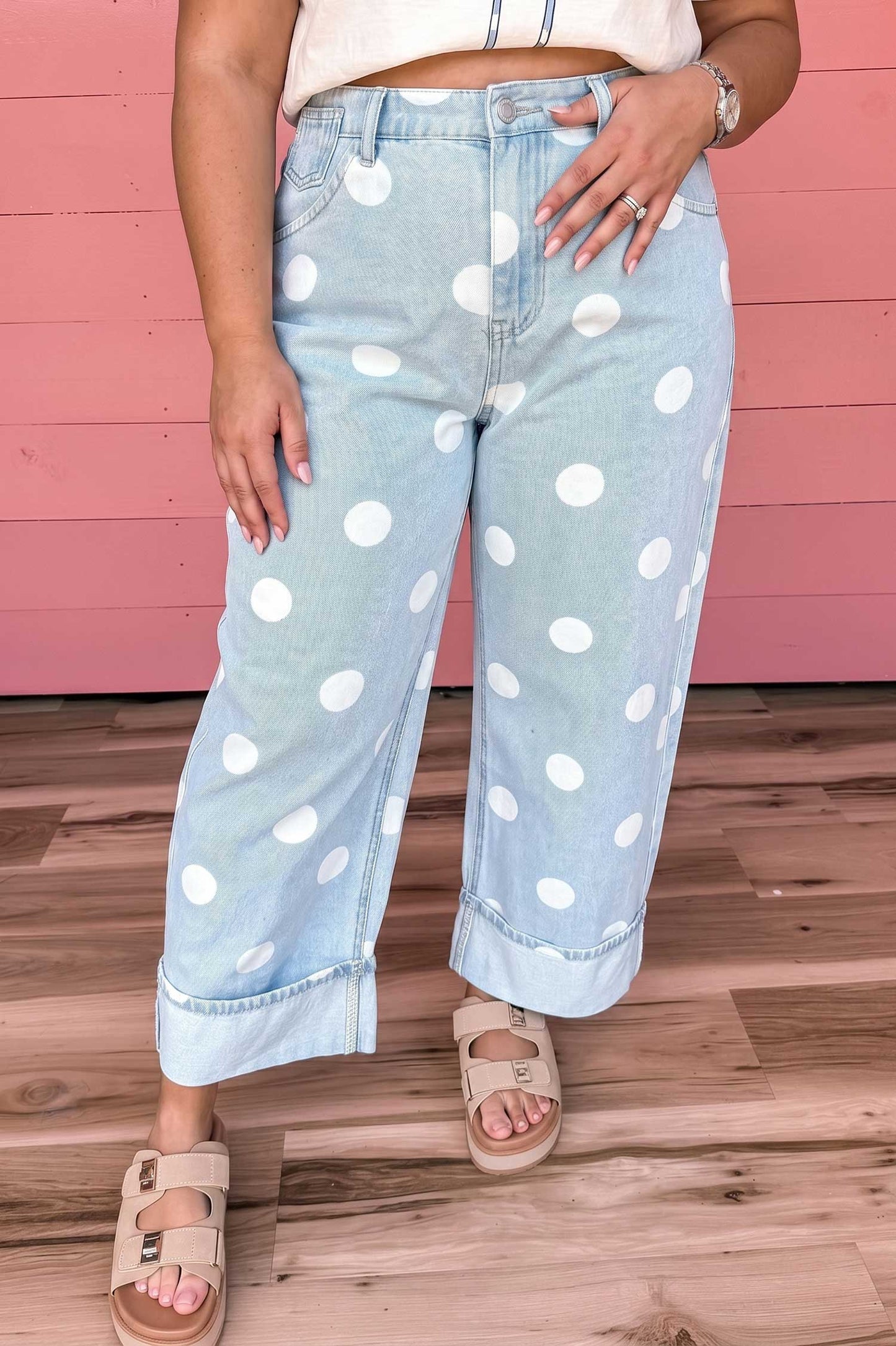 Sky Blue Polka Dot Full Length Regular Fit Plus Size Jeans