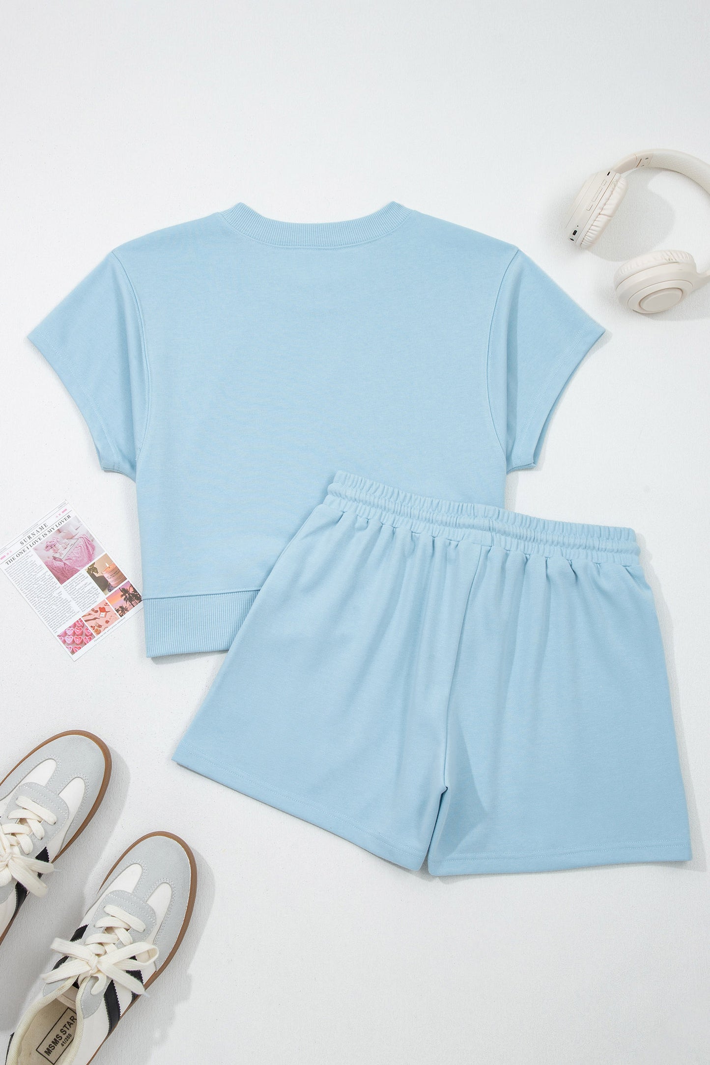 Mist Blue Embroidered Rugby Bow Graphic Relaxed Tee and Shorts Set